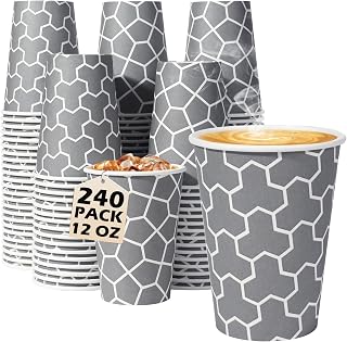 Huifany 12 oz Disposable Paper Coffee Cups 240 Pack - Insulated Hot Cold Drink Cups, Leak-Proof, Stylish Gray Irregular Pattern