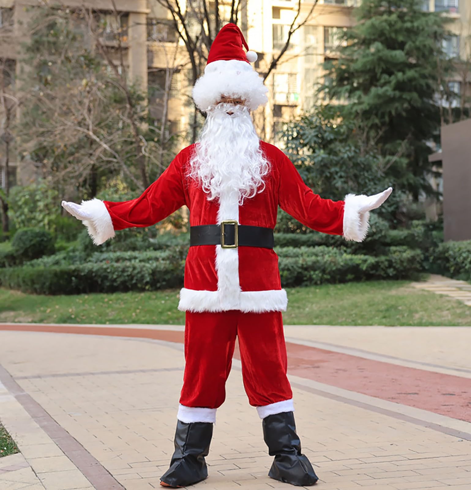 Weihnachtsmann Kostüm Set Mit Jacke Hose Mütze Bart Gürtel Schuhebedeckung, Herren Nikolaus Kostüm, Erwachsene Santa Claus Weihnachten Kleidung, 6-Teiliges 6XL