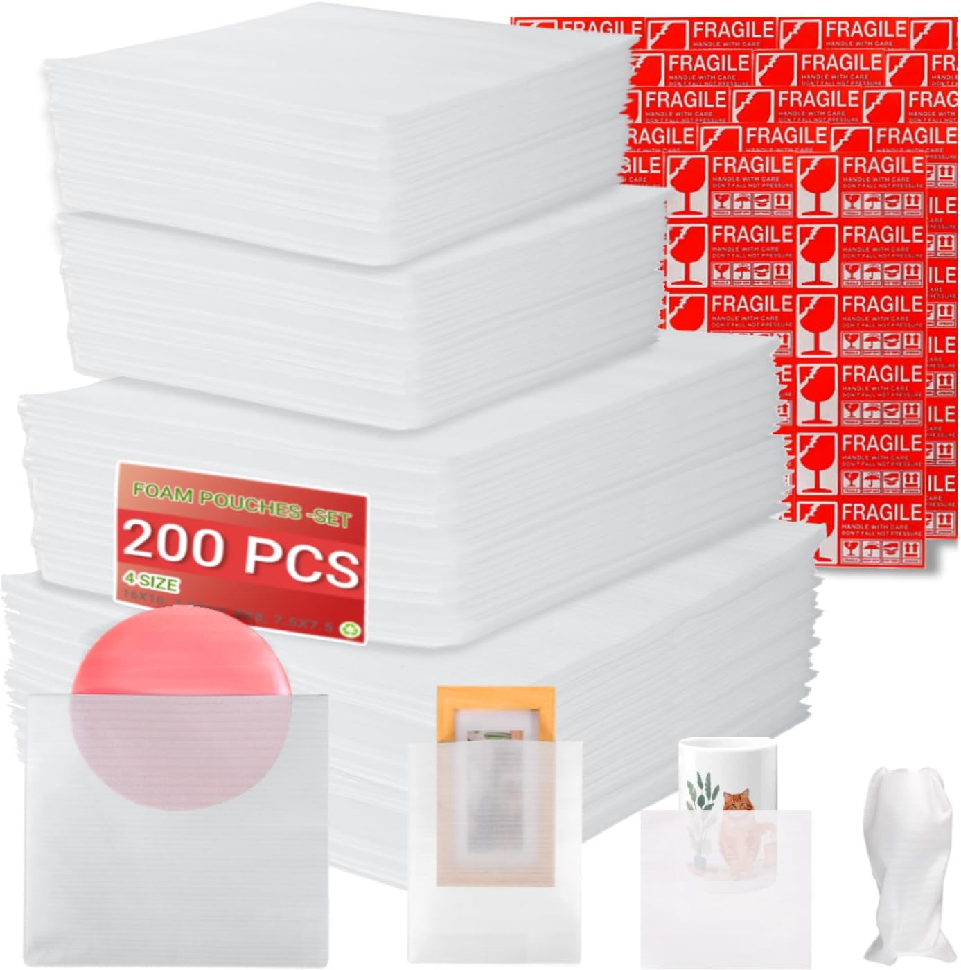 Moving supplies,200Pack Cushion Foam Pouches,(16x16 Inch, 7.5x12 Inch, 10x10 Inch, 7.5x7.5 Inch)Packing Supplies for Moving, Packing, Transportation and Storage, Incidental 120Fragile Stickers