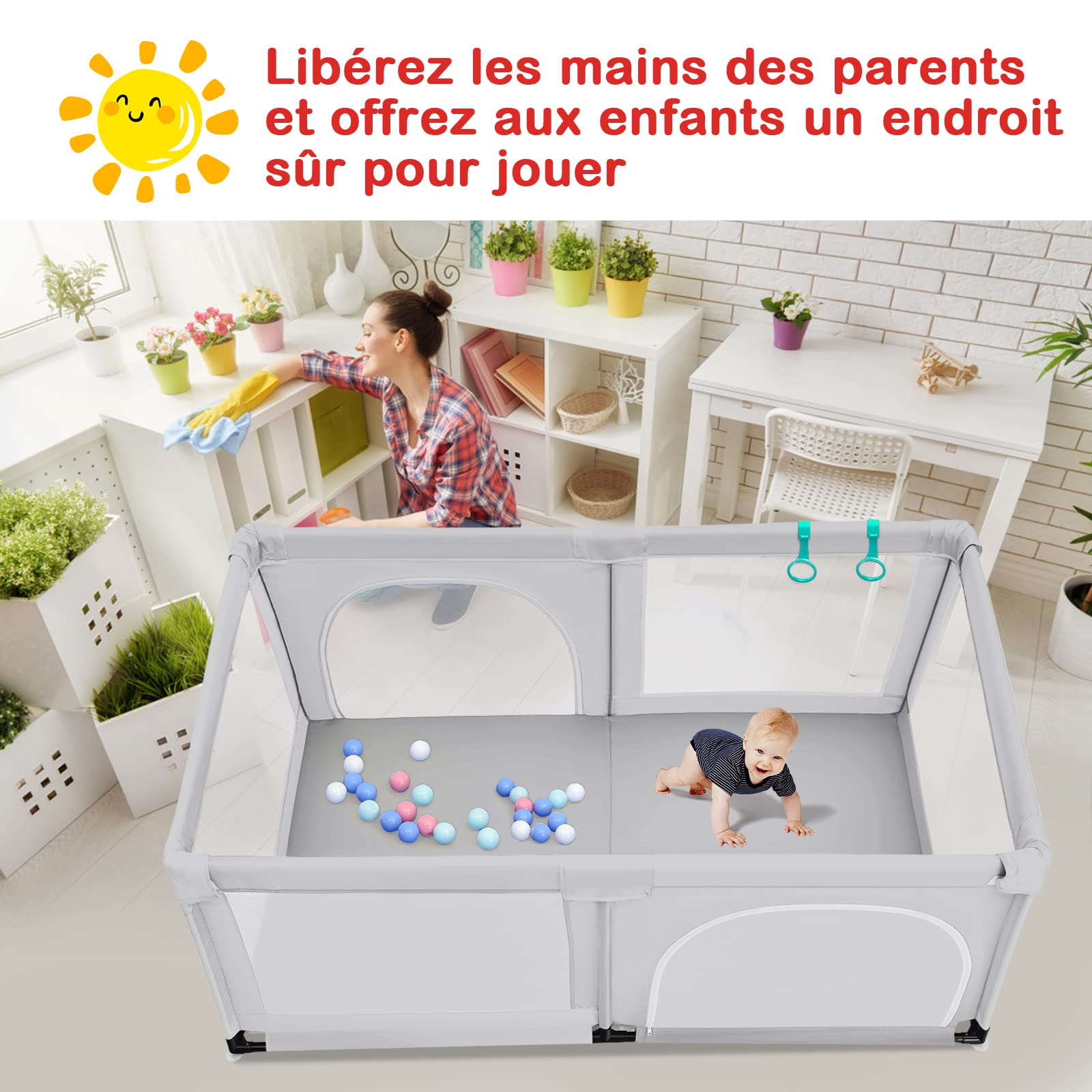 GOPLUS Parque Infantil Bebe, Baby Playpen, Corrales para Bebes, Centro de Actividades Interior para Niños, con Malla, Bolas, Bebé de 10 Meses a 6 Años, Interior y Exterior, 192 x 122 x 68 cm, Gris