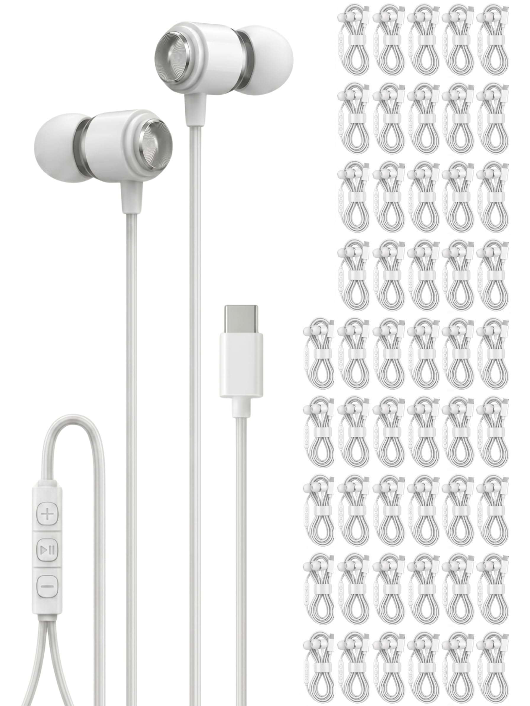Halo Lot de 50 écouteurs USB C avec microphone, écouteurs filaires en vrac pour l'école et le bureau, écouteurs de type C pour iPhone 17, 16, 15 Pro Max, iPad, Samsung Galaxy S26 S25, Pixel, emballés