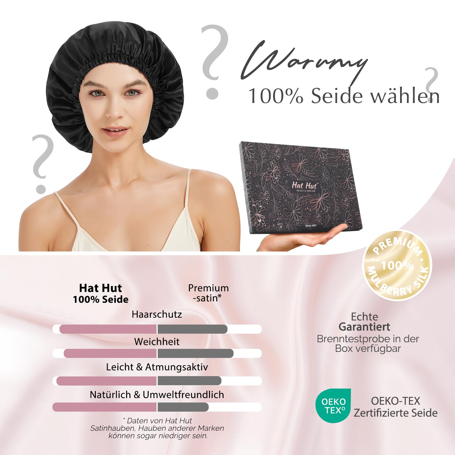 Hat Hut 22 Momme Seidenhaube zum Schlafen, Schlafmütze aus 100% Maulbeerseide, Silk Bonnet Schlafhaube für Lockiges Haar, Doppelte Haarhaube (DE/NL/SE/PL, Alphanumerisch, Einheitsgröße, Schwarz)
