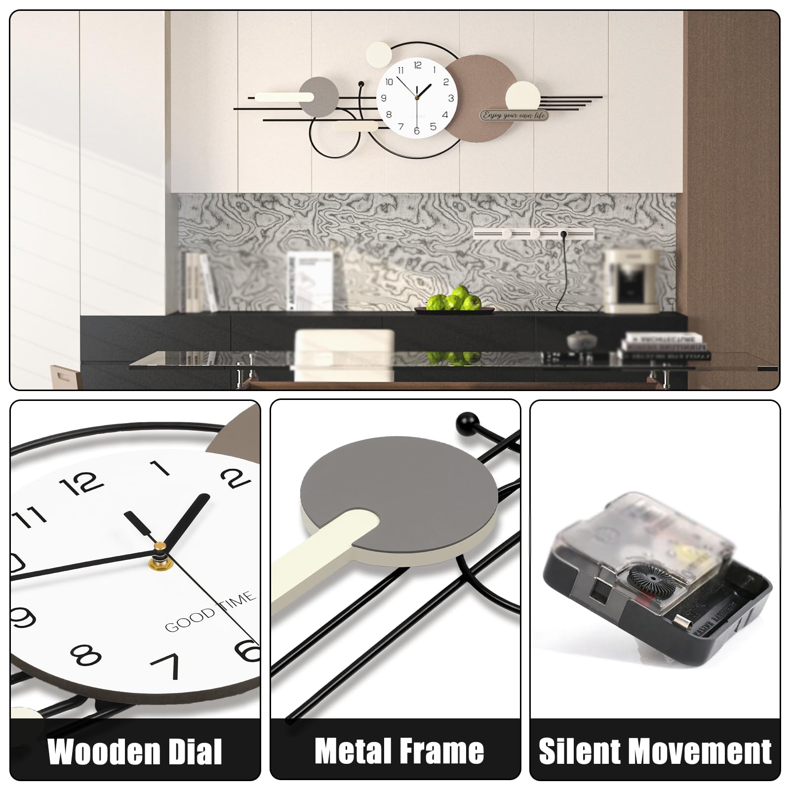 Modern Große Wanduhr Minimalistisch Kreativer Luxus Dekorative Wanduhren Leise ohne tickgeräusche Metallrahmen+Holz Zifferblatt Quarzuhr für Wohnzimmer Schlafzimmer Büro Küche, 120 * 38 cm