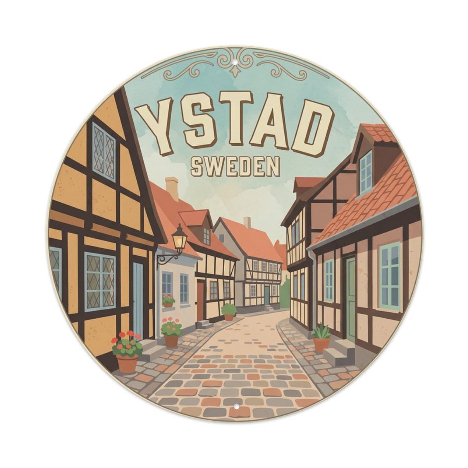 Vintage Travel Ystad Sweden Cobblestone Metal Tin Sign