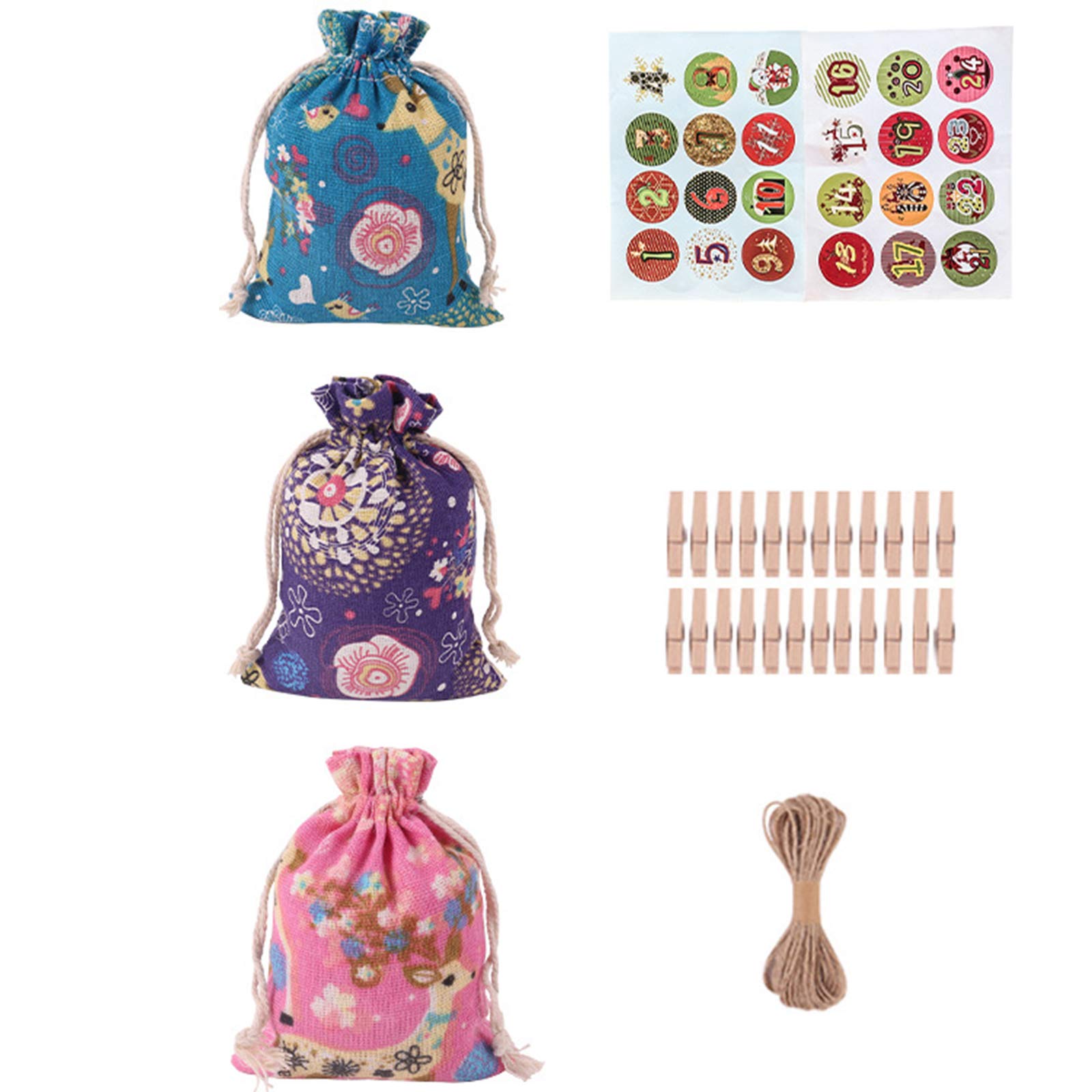 KunmniZ KUKALE Christmas Advent Calendar Bags 2021,24 Days Deer printing Burlap Bags with Paster,Wooden Clips & Hemp Rope DIY for Xmas,