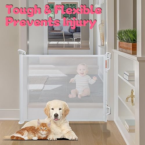 Miniatura 5 de Puerta retráctil para bebé, puerta de seguridad de malla de 55 pulgadas de ancho para bebés y mascotas, 34 pulgadas de alto, fácil de usar con una