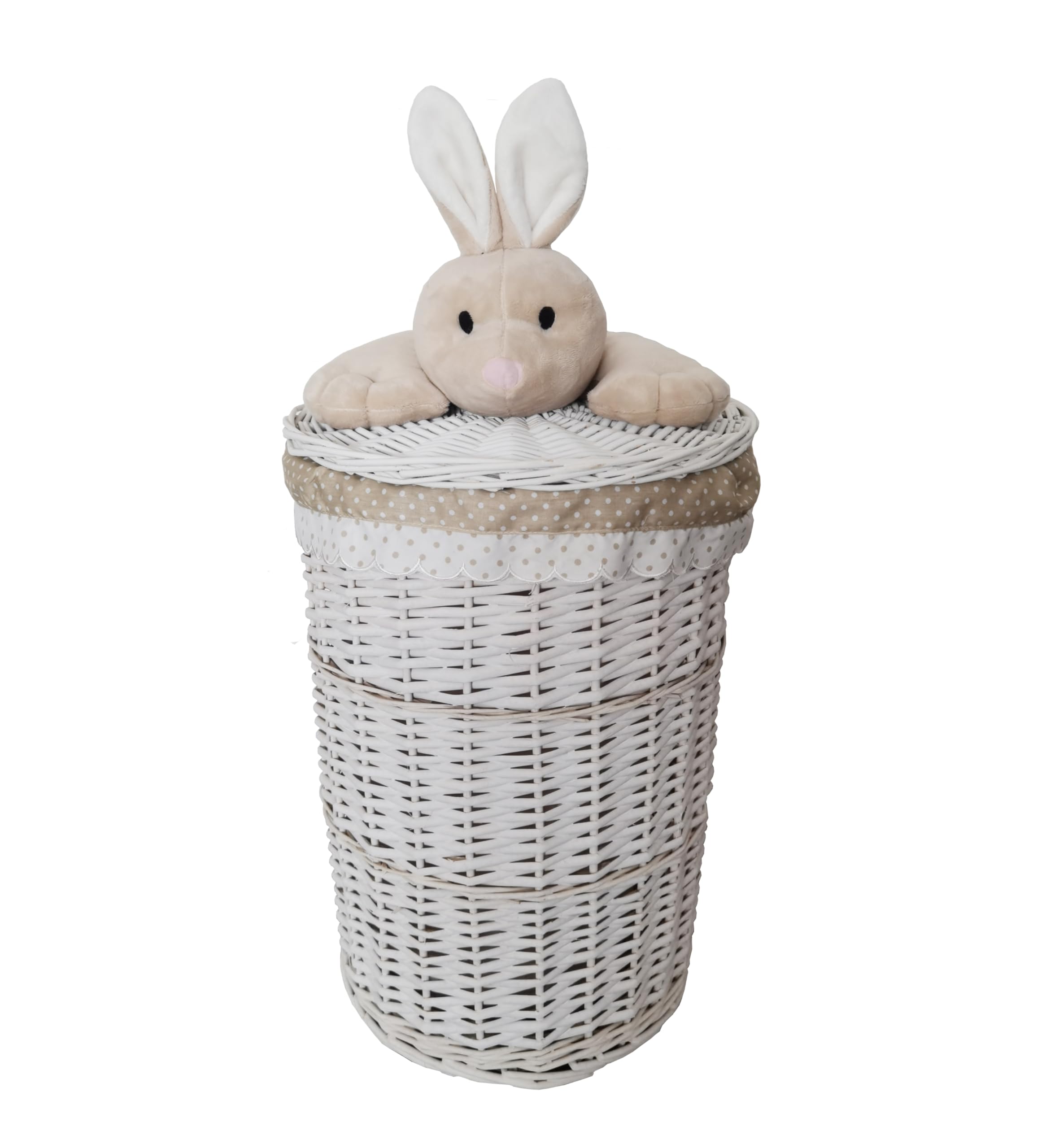 Laundry Basket Wicker Round White Lid with Plush Toy Rabbit Beige 34L D.32 H.48