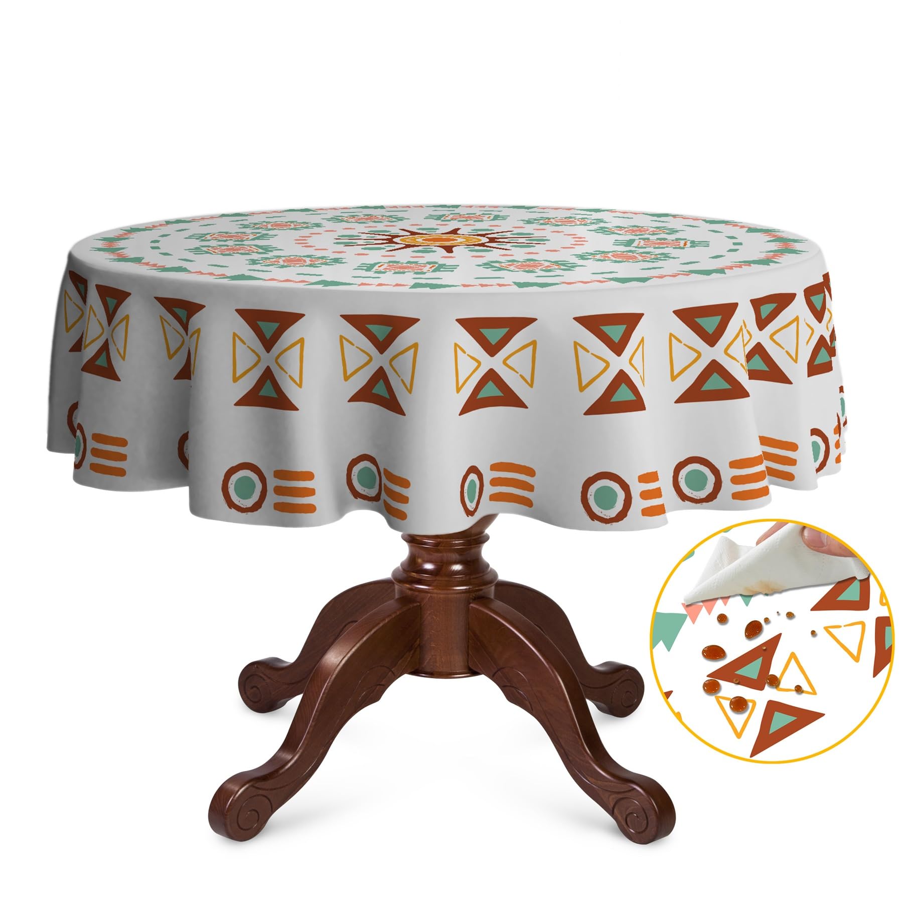 OliveSleep Round Tablecloth 152cm Wrinkle Free Washable Polyester Table Cloth for Circular Table, Home Dining Party Use, Ethnic Pattern Art Round Wipe Clean Tablecloth 60 Inches (Multicolor 13)