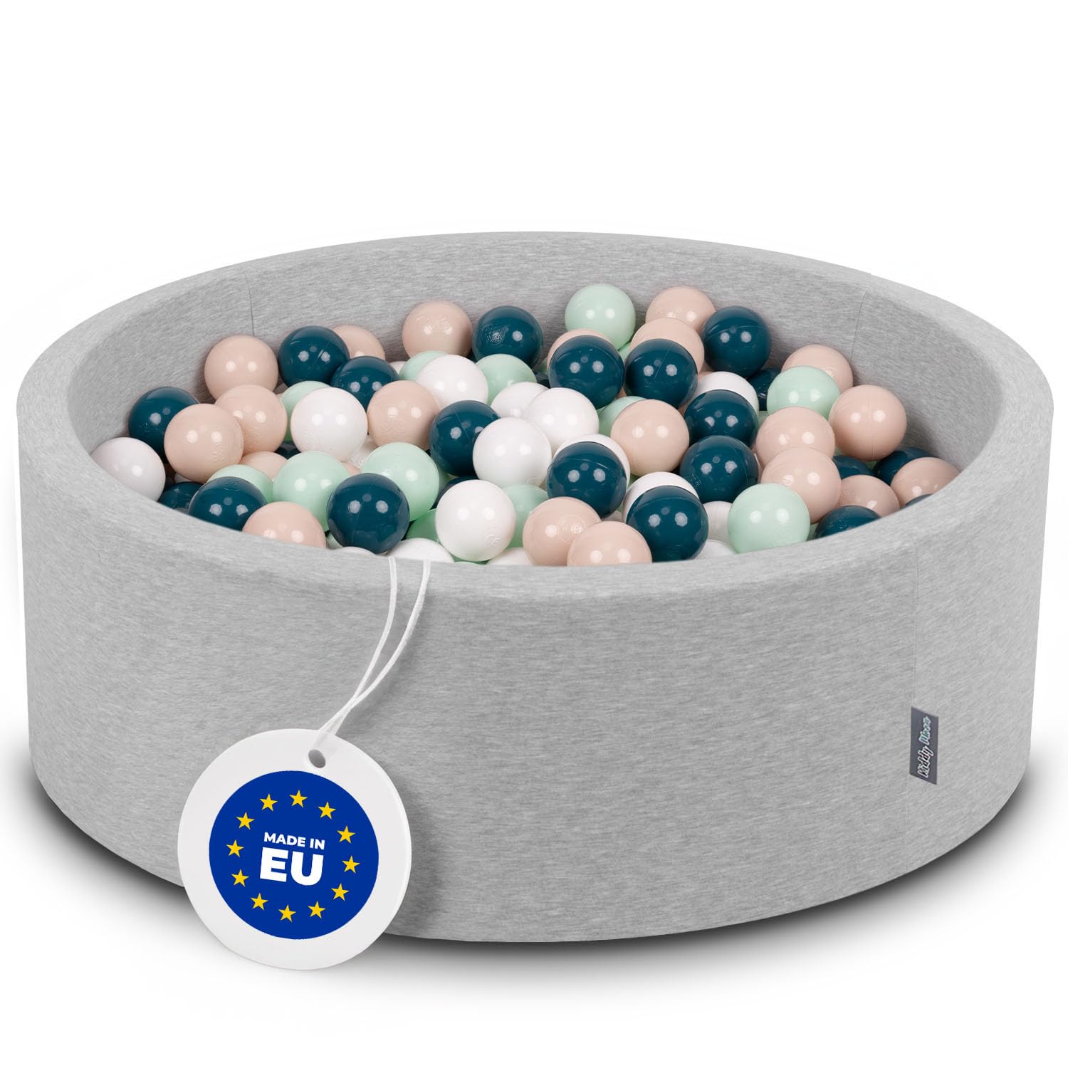 KiddyMoon 90X30cm/300 Balls ∅ 7Cm / 2.75In Baby Foam Ball Pit Made In EU, Light Grey:Dark Turquoise/Pastel Beige/White/Mint — image 1