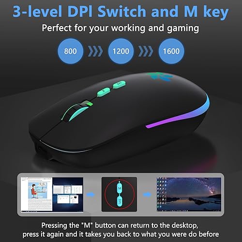 Miniatura 3 de KARFUN Ratón inalámbrico, 2.4 GHz y Bluetooth de dos modos, 7 luces de respiración de color, mouse de computadora para computadora