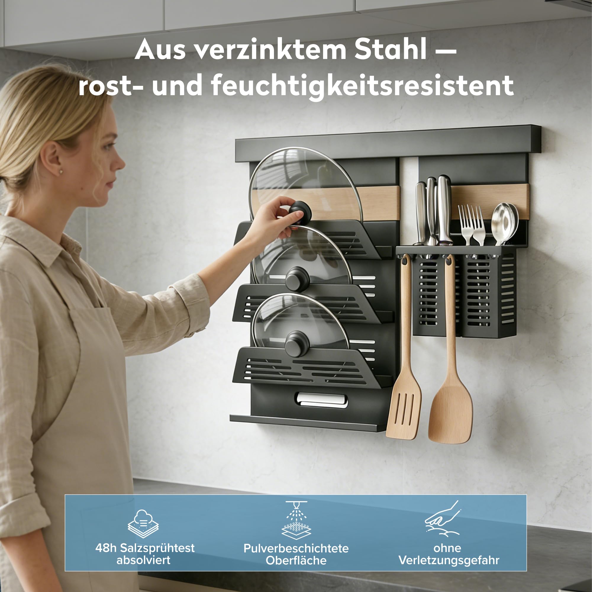 doporro Küchen-Organizer 52cm mit Topfdeckelhalter und 2 Besteckhalter | Hakenleiste Küche 52 cm aus Metall, mit 3 Ebenen Deckelhalter und 5 Haken, Küchen Wandregal Schrauben oder Kleben, Grau Reglo