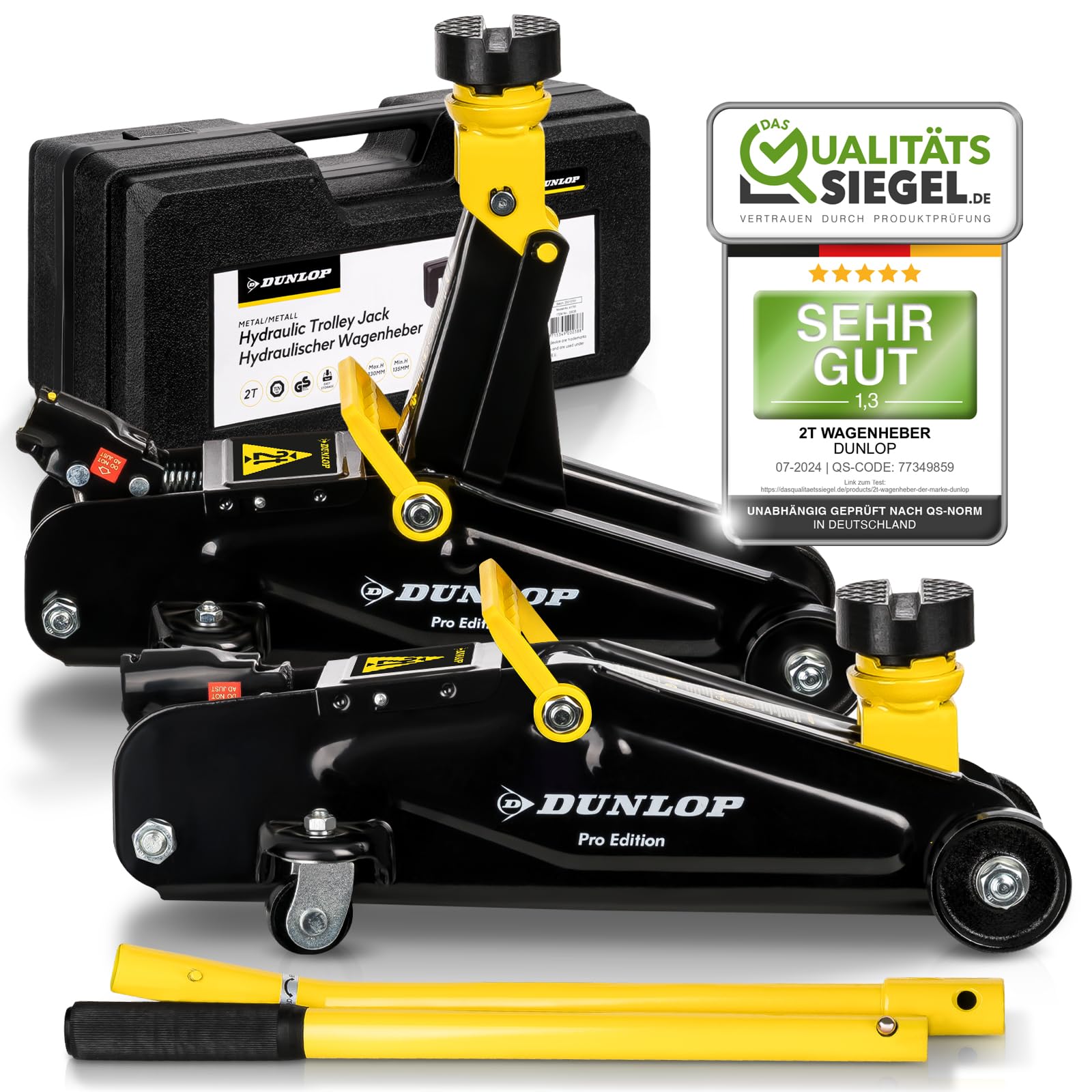DUNLOP Wagenheber hydraulisch PRO Edition - Reifen wechseln in Bestzeit - 2t hydraulischer Rangierwagenheber für Auto PKW Kfz Reifenwechsel mit Transportbox und Gummiauflage - car Jack Set