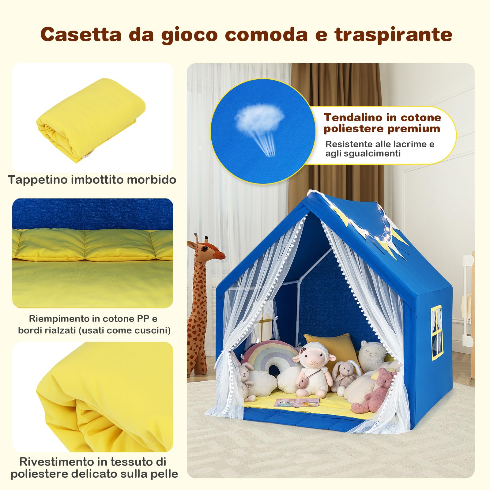 COSTWAY Tenda da Gioco per Bambini, Casetta per Bambini con Tappeto in Cotone Lavabile Luci Stellari e Finestre, Tenda del Castello, 122x105x125 cm (Blu)