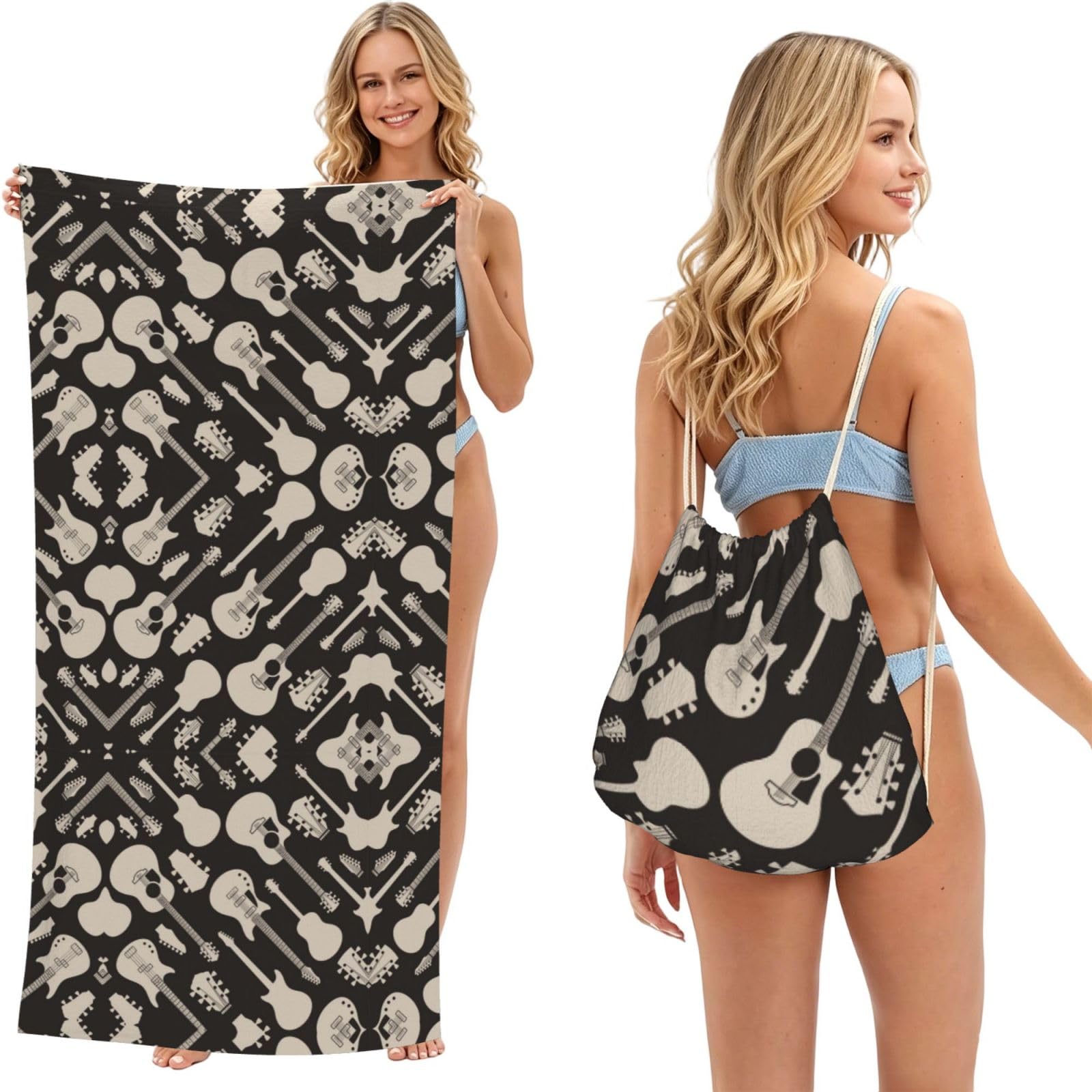 SATUSA Guitar Pattern Print 2-In-1 Foldable Beach Towel Backpack â€“ Camping, Yoga And Travel,Bath Towel With Built-In Storage, Convertible Beach Mat & Carry Bag