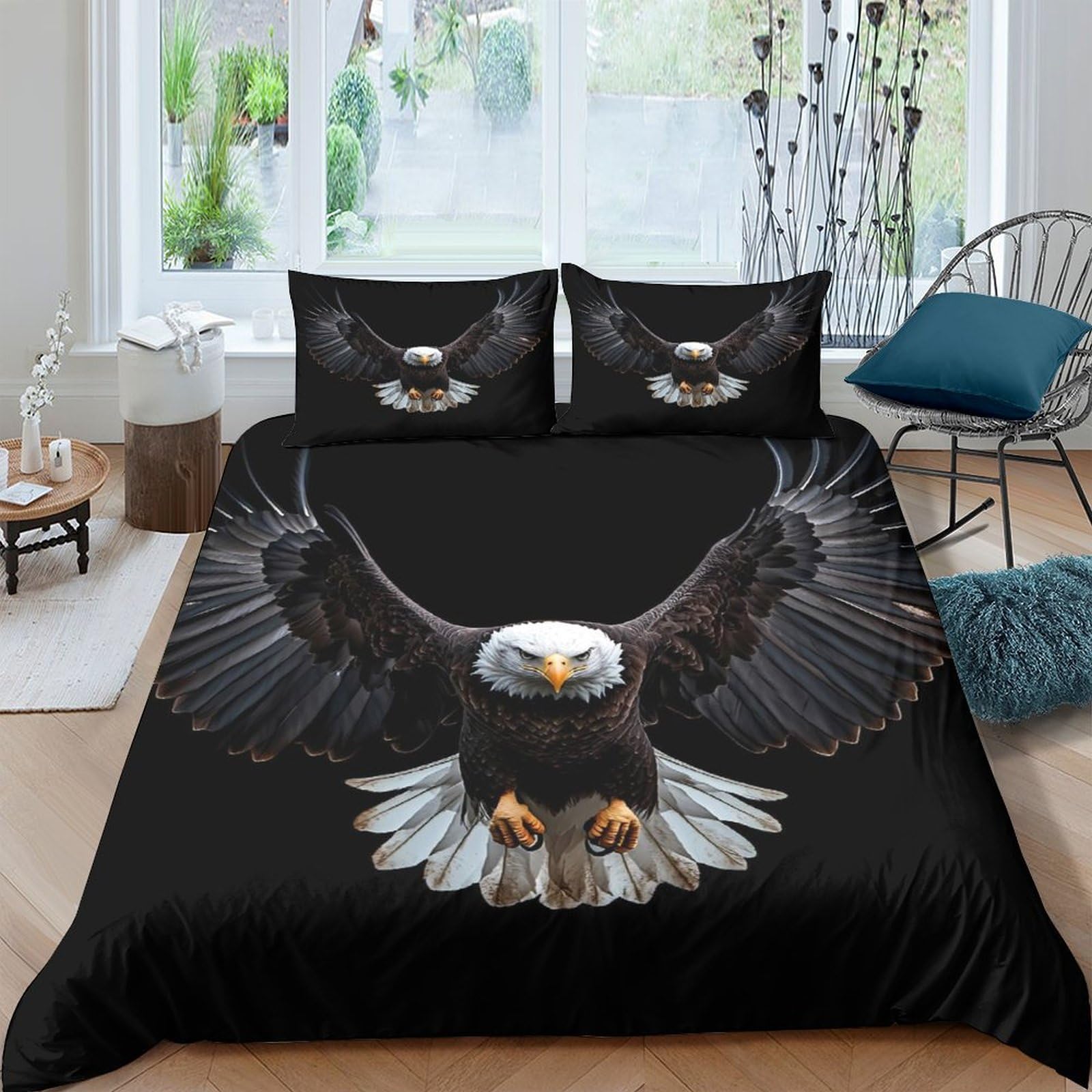 GPLZQXKJNH 3D Printed Bald Eagle Duvet Cover Microfiber Soft Black Wild Bird Bedding Set with 2 Pillowcases for Bedroom Decor Single（135x200cm）