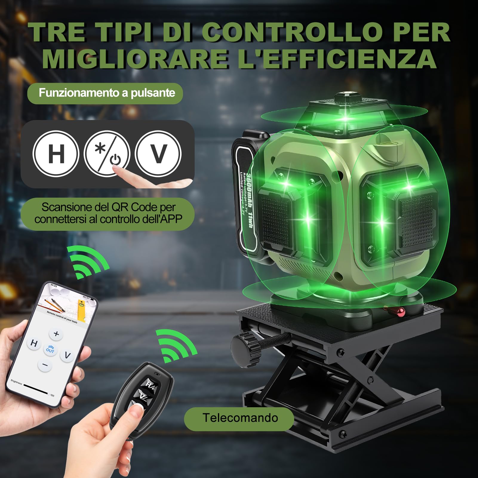 Livella laser a croce con 16 linee,portata di 30 m, autolivellante 4 x 360° con treppiede, ideale per cantieri edili interni, con batterie da 3x3600 mAh.