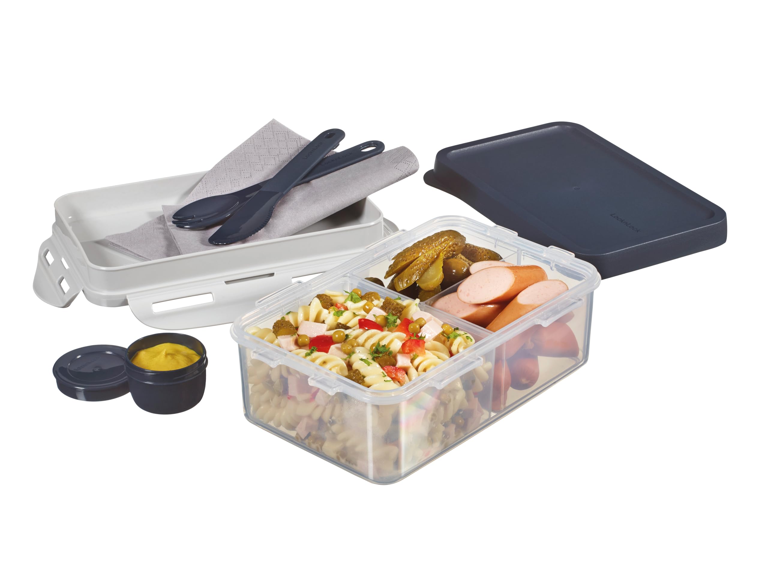 LocknLock TO GO - Contenitore per il pranzo con scomparti e posate, 1,00 l, 207 x 137 x 88 mm, 3 scomparti e posacenere per salsa, 100% aria e impermeabile, adatto per lavastoviglie e microonde, senza