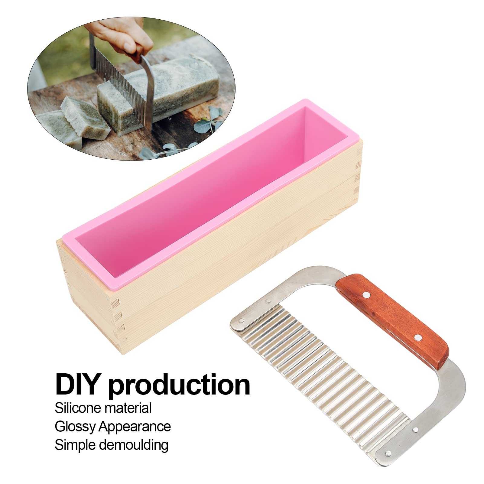 Set di tagliasapone in Legno, Stampo per Tagliasapone in Legno con Stampo in Silicone con Taglierina Ondulata in Acciaio Inossidabile per la Produzione di Sapone Fai da Te