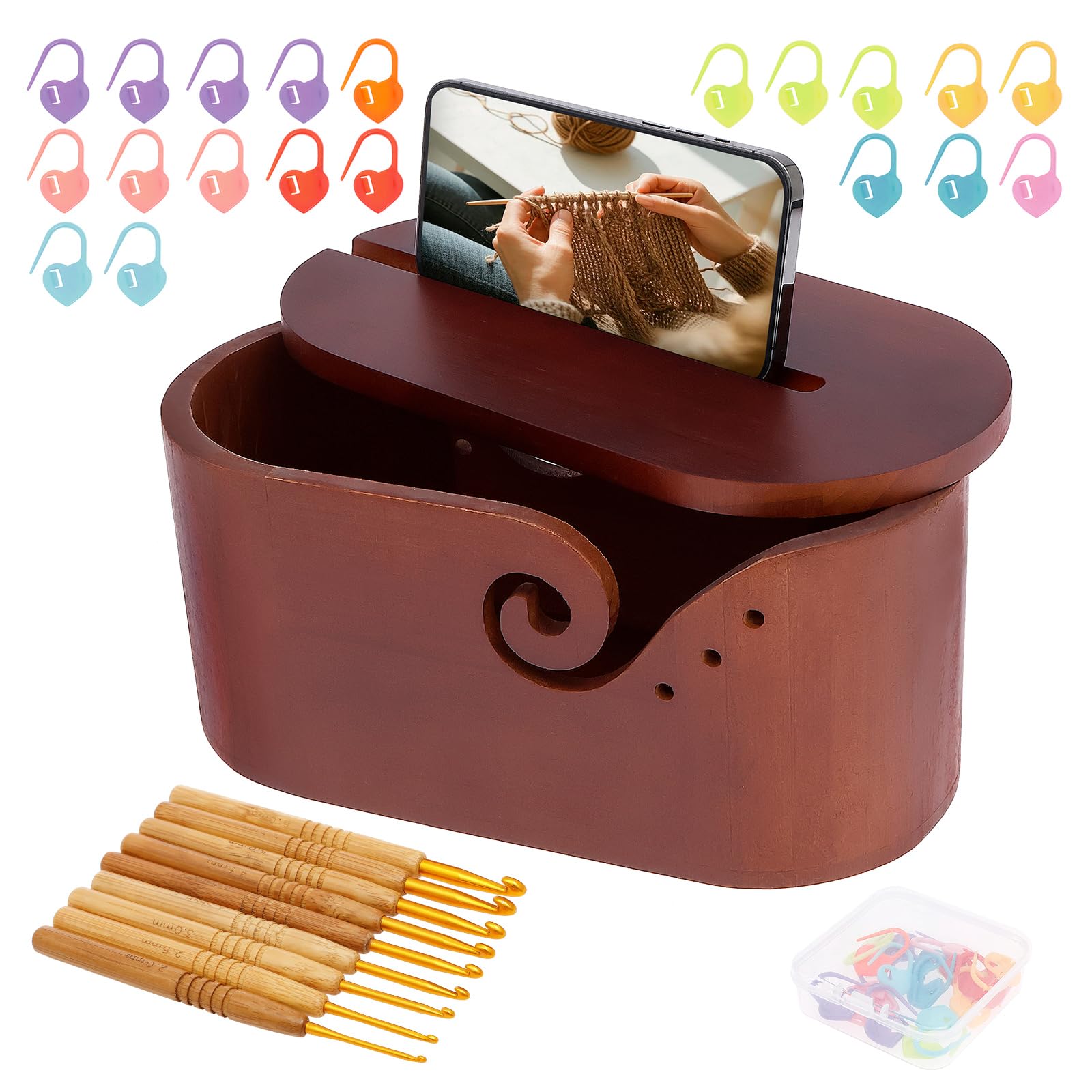 Zhjiutak Yarn Bowl Oval,Wooden Yarn Bowls for Crocheting and Knitting,Crochet Yarns Holder with 9pcs Knitting Hooks Large Crochet Bowl with Phone Holder 27.5 x 13.8 x 12 cm