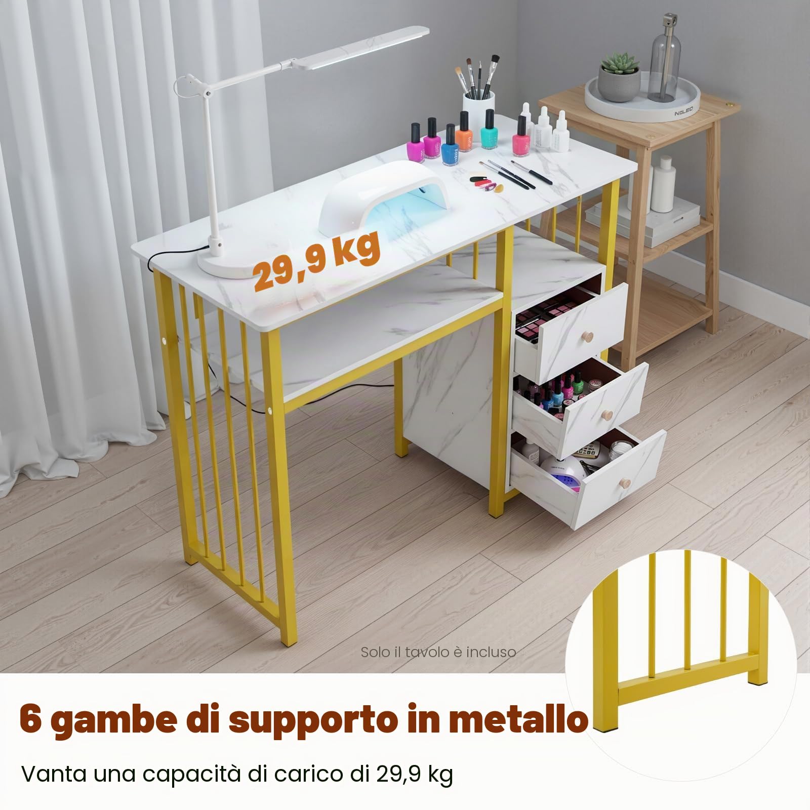 Tavolo da manicure con cassetti, toeletta senza specchio, struttura in marmo, tavolo per unghie, fino a 30 kg, tavolo per computer, salone, salone di unghie, tavolo in legno con struttura in