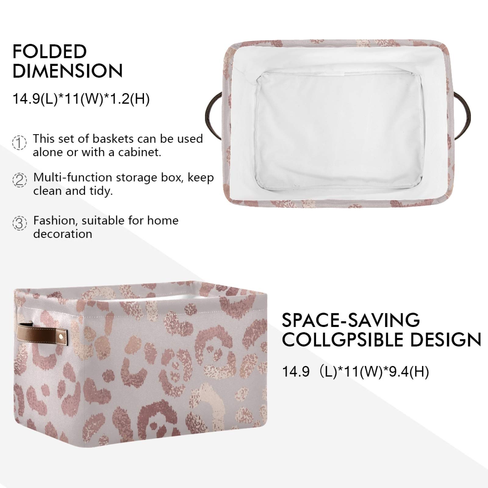 susiyo Large Foldable Storage Bin Leopard Skin Rose Gold Fabric Storage Baskets Collapsible Decorative Baskets Organizing Basket Bin with PU Handles for Shelves Home Closet Bedroom Living Room-1Pack