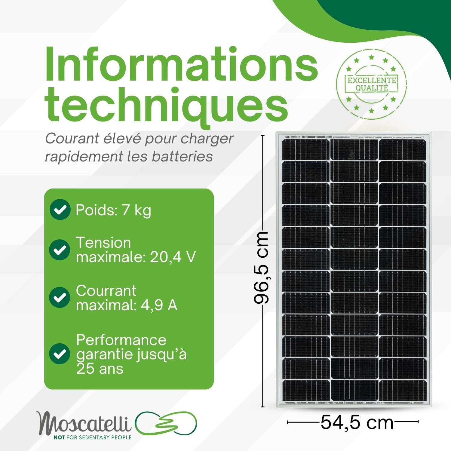 MOSCATELLI 100W Panneau Solaire Monocristallin pour Batteries 12V - Demi-Cellules à très Haute Performance PERC 9BB 166 x 75 - Tension 21V