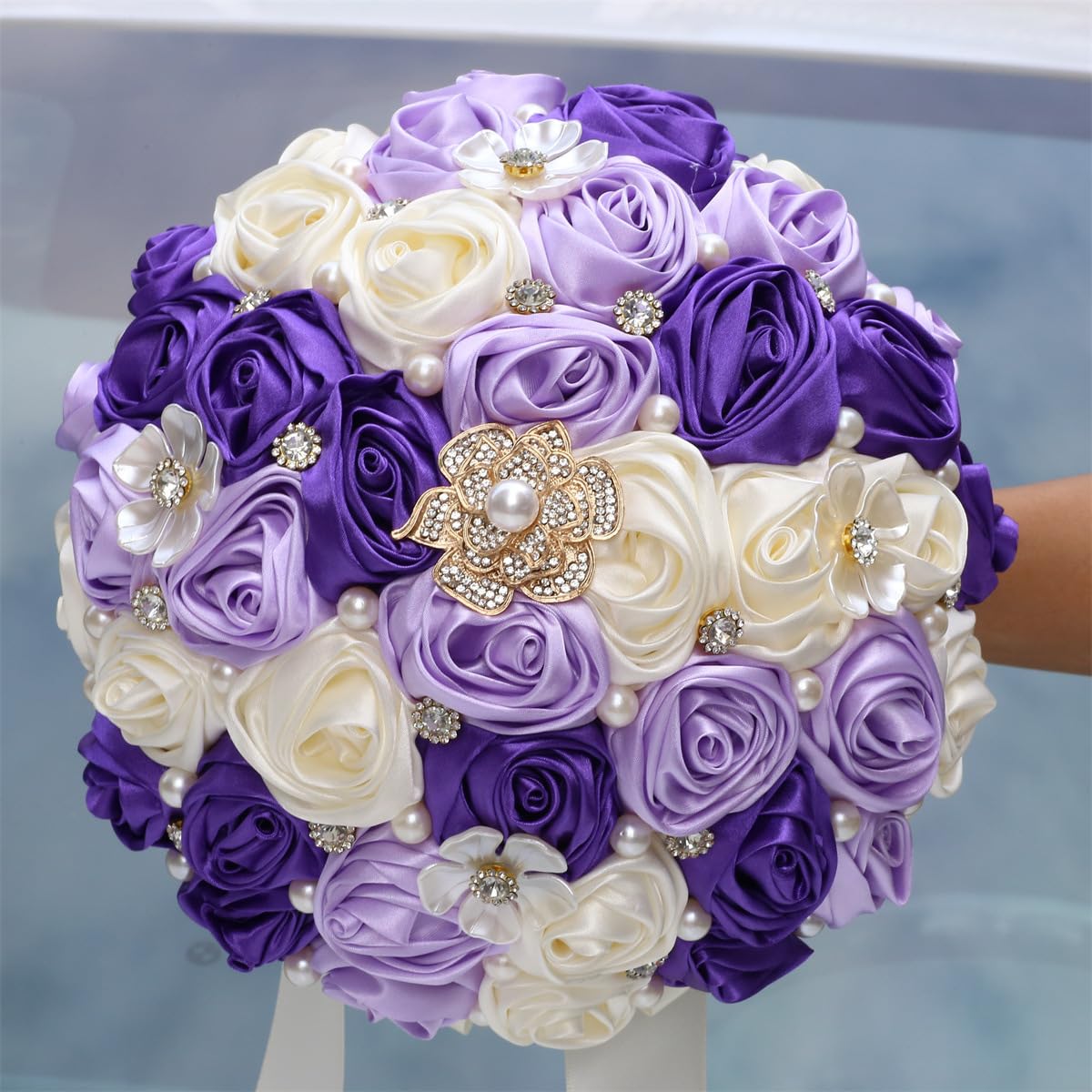 Handmade Rhinestone Brooch Satin Bridal Bouquet,7.5inch Crystal Wedding Round Tossing Bouquet,Artificial Flower Bunch with Diamond Pearl Ribbon Purple&Ivory