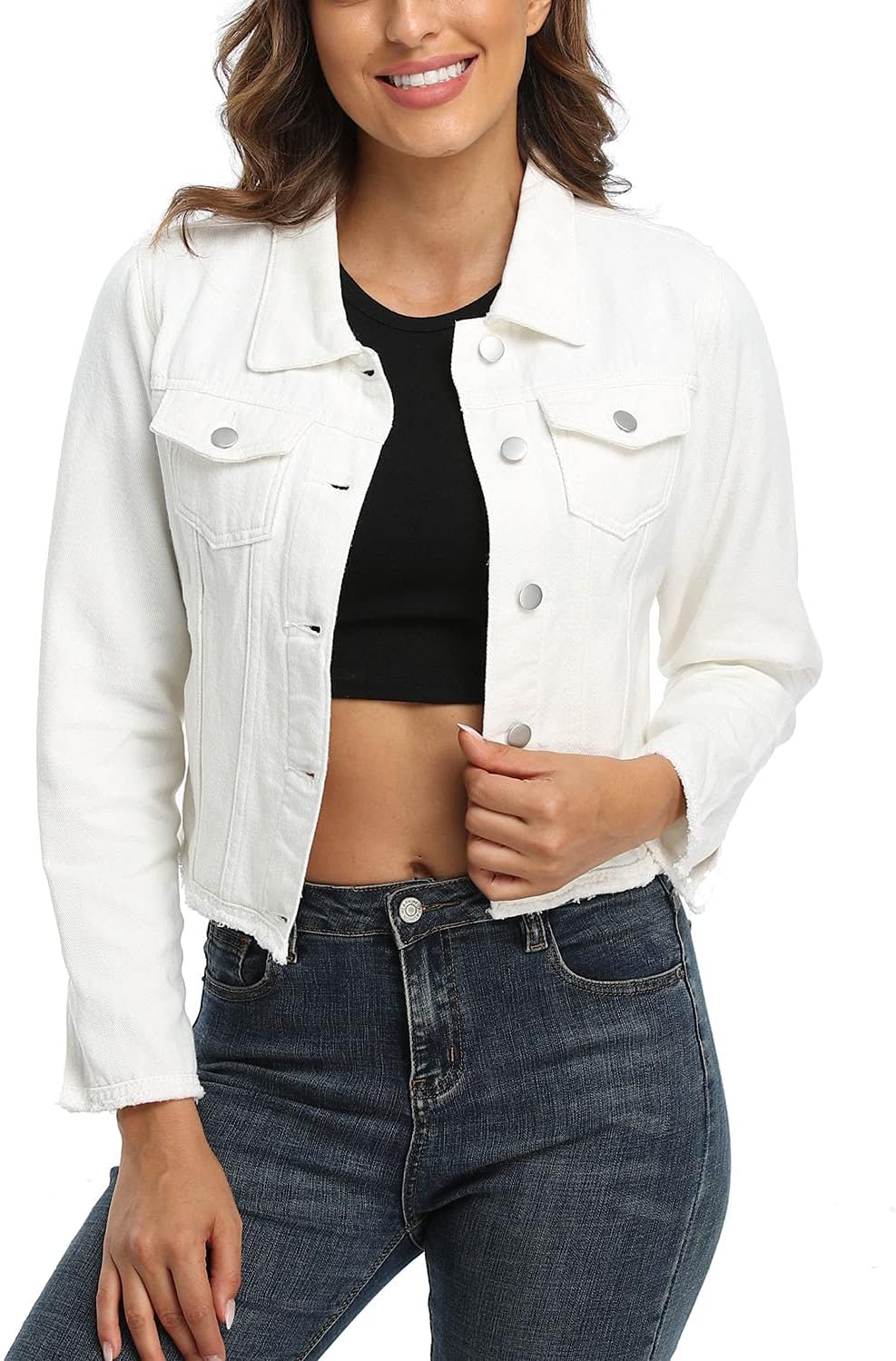 Anienaya Jean Jacket Women’s Frayed Washed Button Up Cropped Denim Jacket w 2 Side Pockets