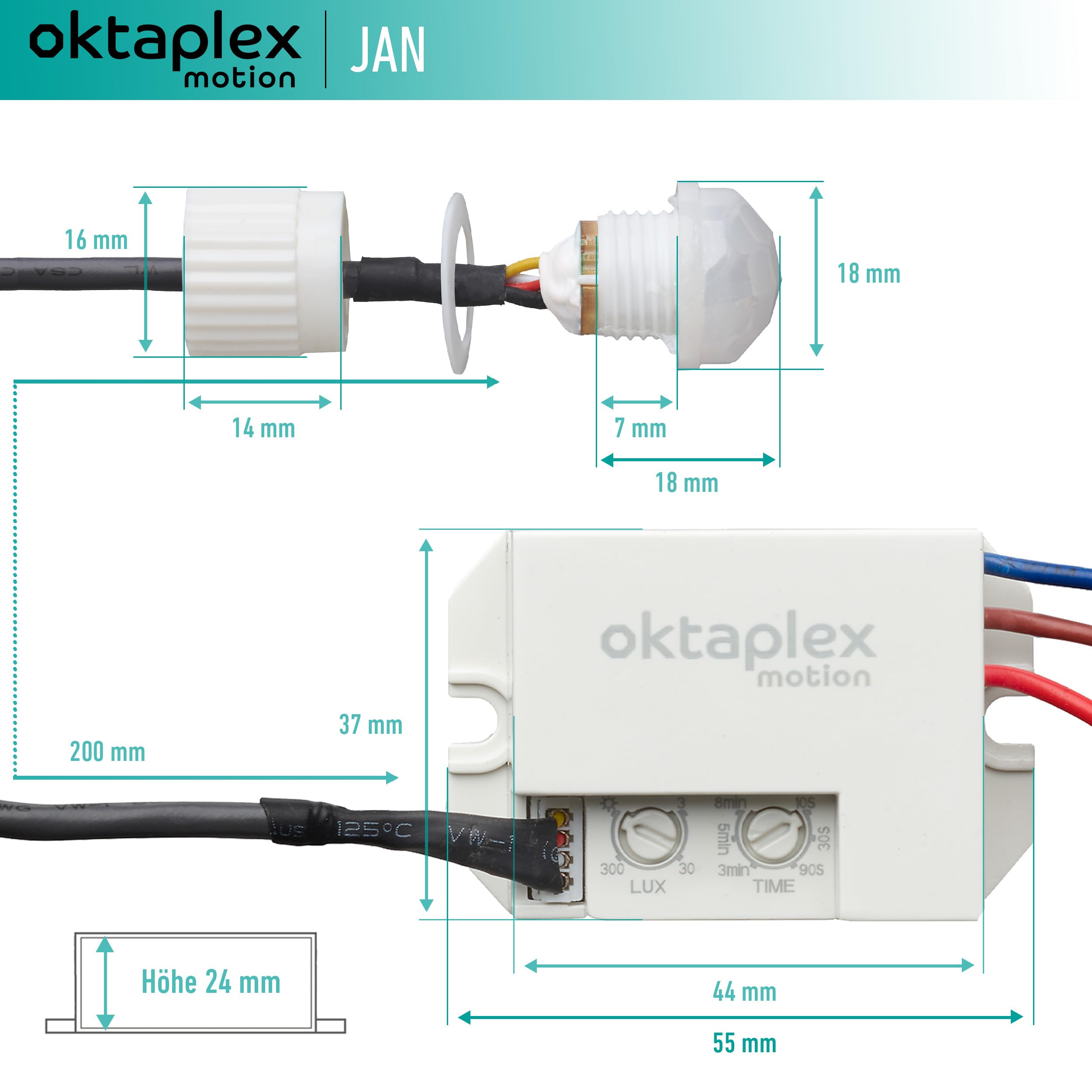 Oktaplex motion 2X Jan Détecteur de Mouvement extérieur & intérieur IP65/IP20 360° Capteur Infrarouge Petit 8 m portée 230 V avec capteur crépusculaire Blanc Mat