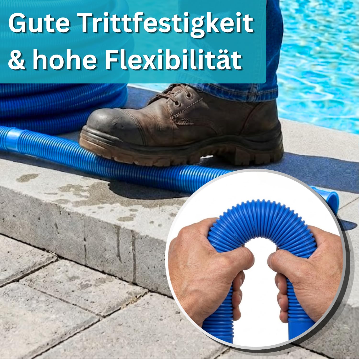 POOL Total Schwimmbadschlauch Ø 38 mm Blau - Flexibler Poolschlauch aus PE - Integrierte Muffen alle 1,50 m - Trittfest & beständig - Made in Germany - 12 m