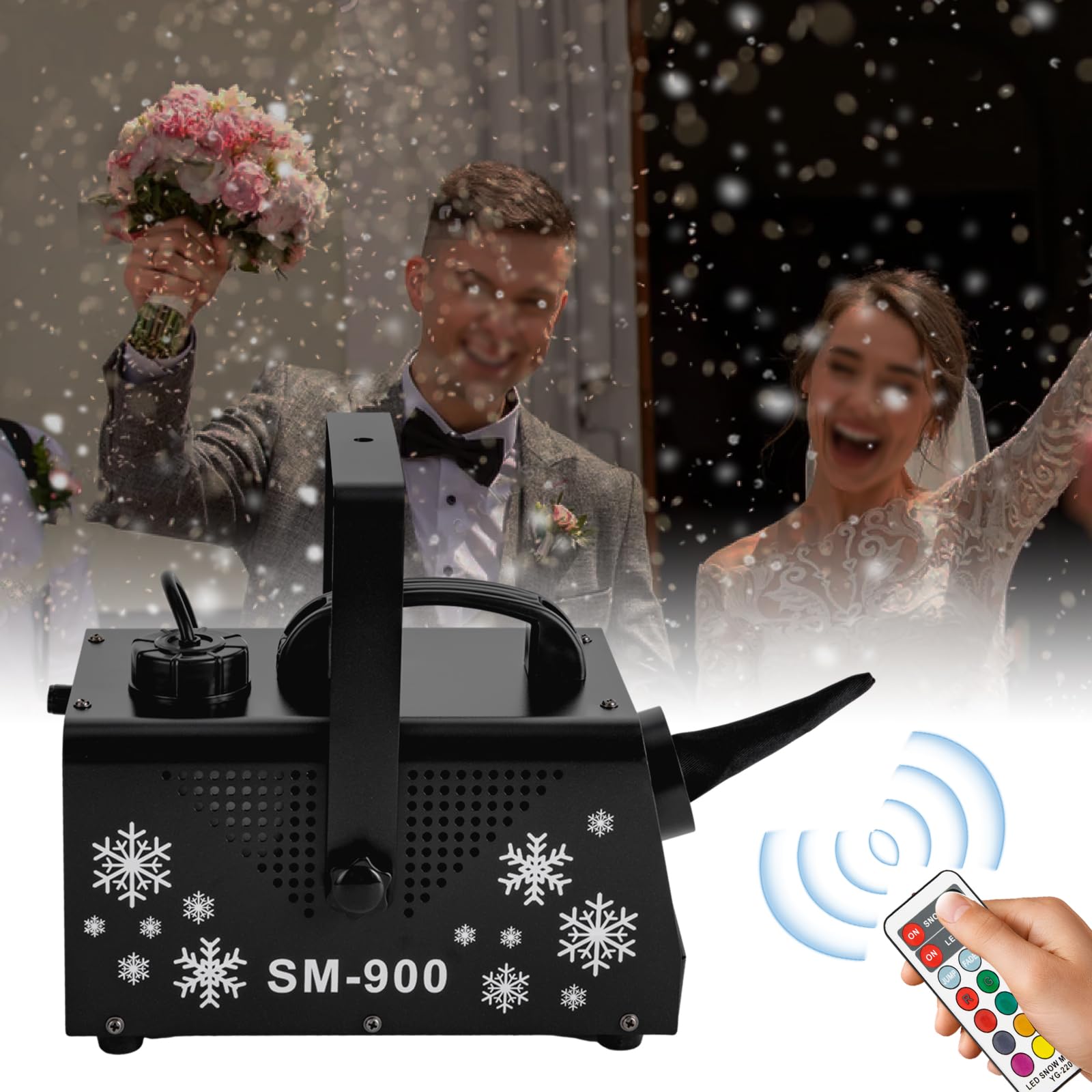 SHZICMY Máquina de nieve de 900 W con 9 luces LED RGB, máquina de nieve con mando a distancia, máquina de nieve para Halloween, Navidad, bodas, fiestas, escenarios de DJ