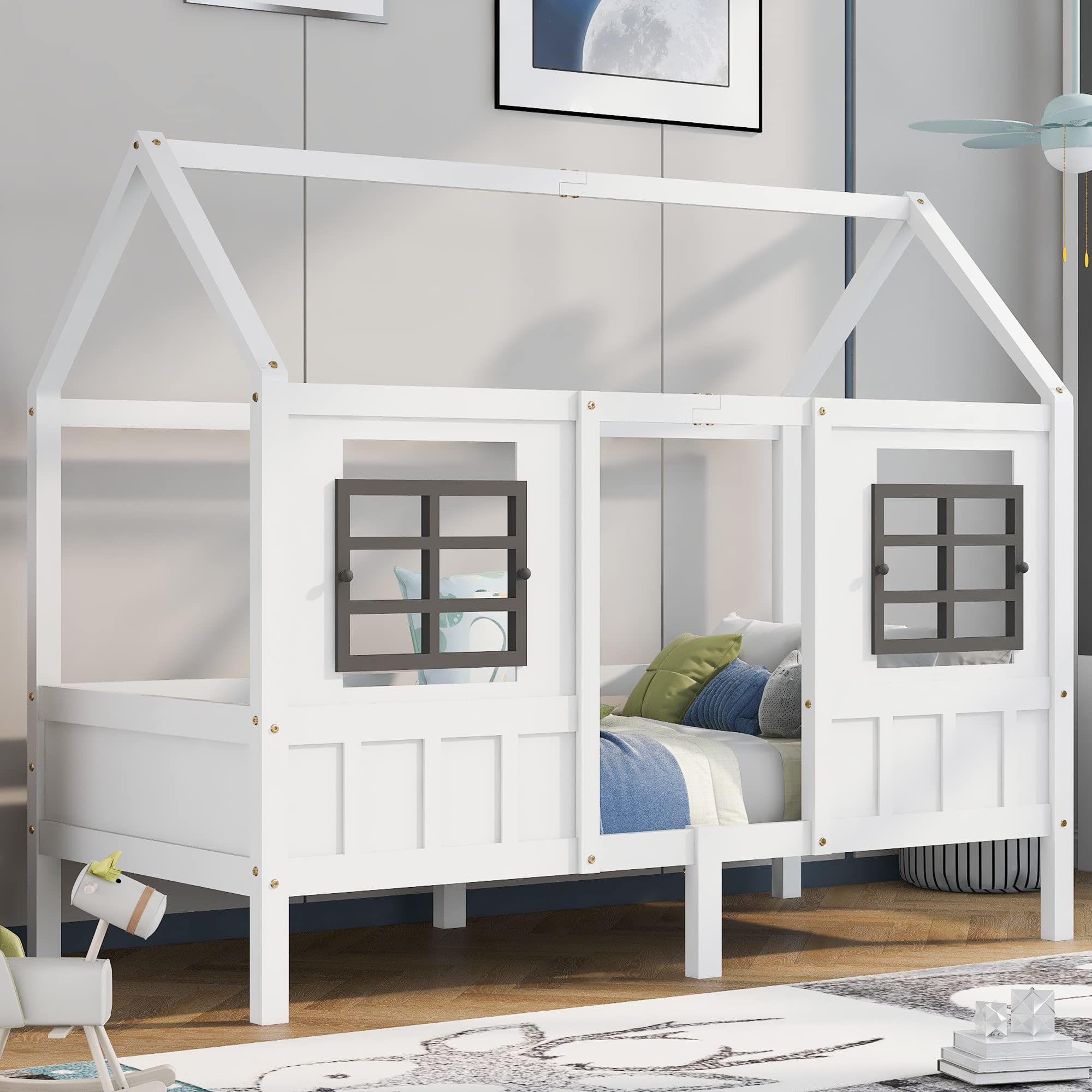 Hausbett Spielbett 90x200, Vielseitiges Kiefernrahmen Kinderbett Spielbett für Jungen & Mädchen - Kinder Bett mit Rausfallschutz und Lattenrost