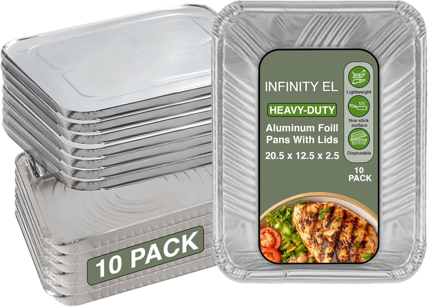 infinity el disposable aluminum foil pan with lids 10 pack | full size steam shallow 20.5" x 12.5" x 2" heavy duty aluminum pan with lids | disposable baking pan for roasting turkey, lasagna, parties (full size shallow 10 pans with 10 lids)