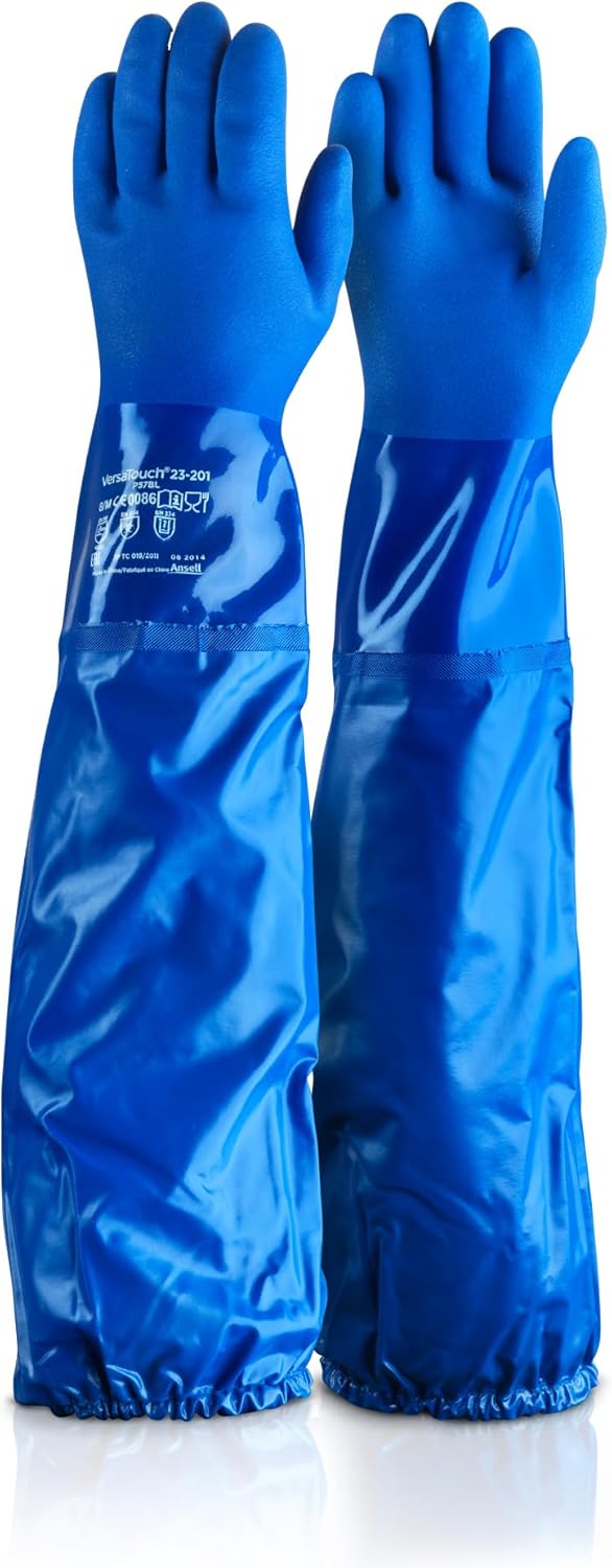 Ansell AlphaTec 23-201 Industrial PVC Sleeve Work Gloves w/Rough Finish for Food, Mechanics, Cleaning, Oil & Gas - Blue