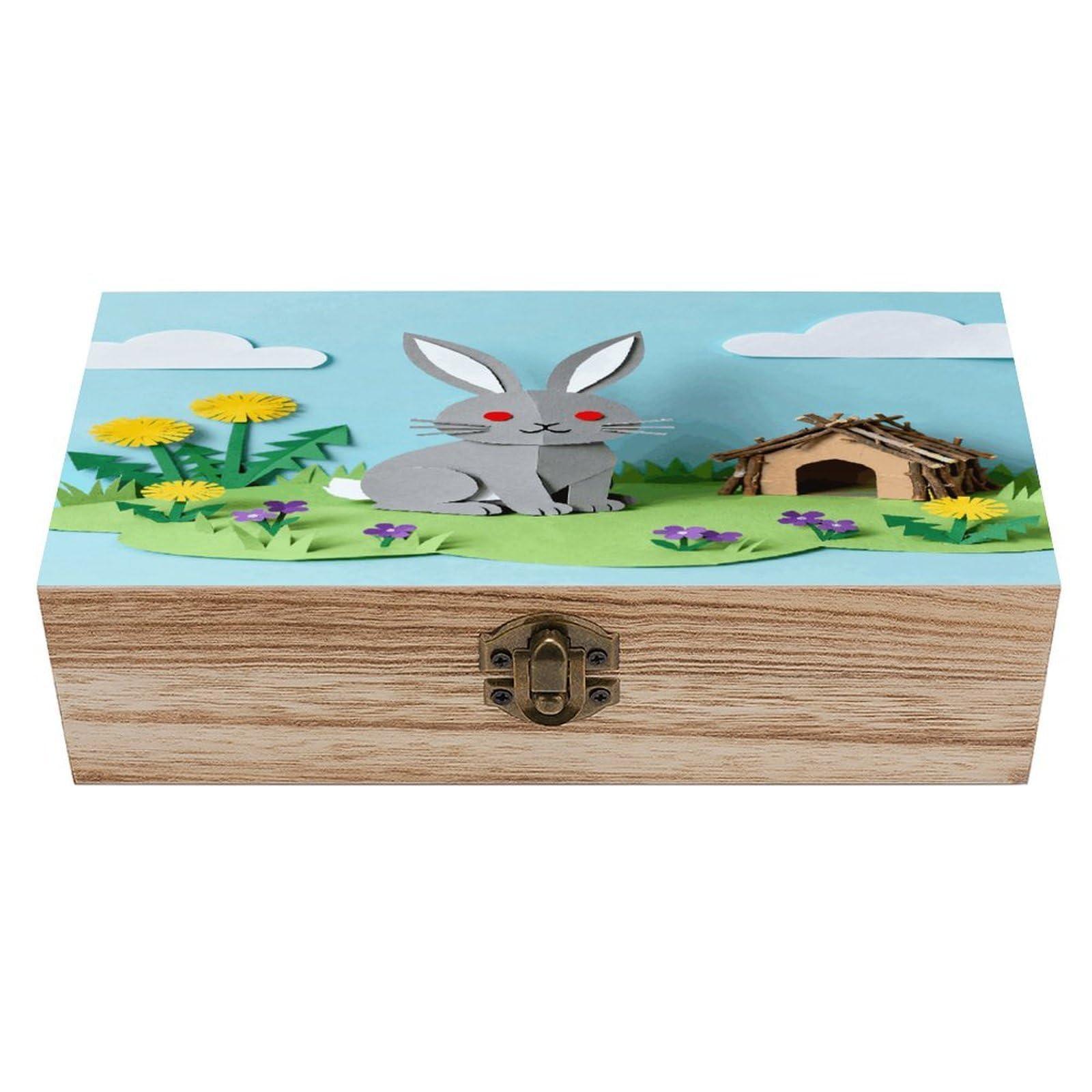 VstaDank Papercraft Rabbit Wooden Storage Box with Hinged Lid Natural Wooden Box Beautifully Keepsake Boxes Vintage Wood Boxes Jewelry Organizer Trinket Storage Chest Unique Gift