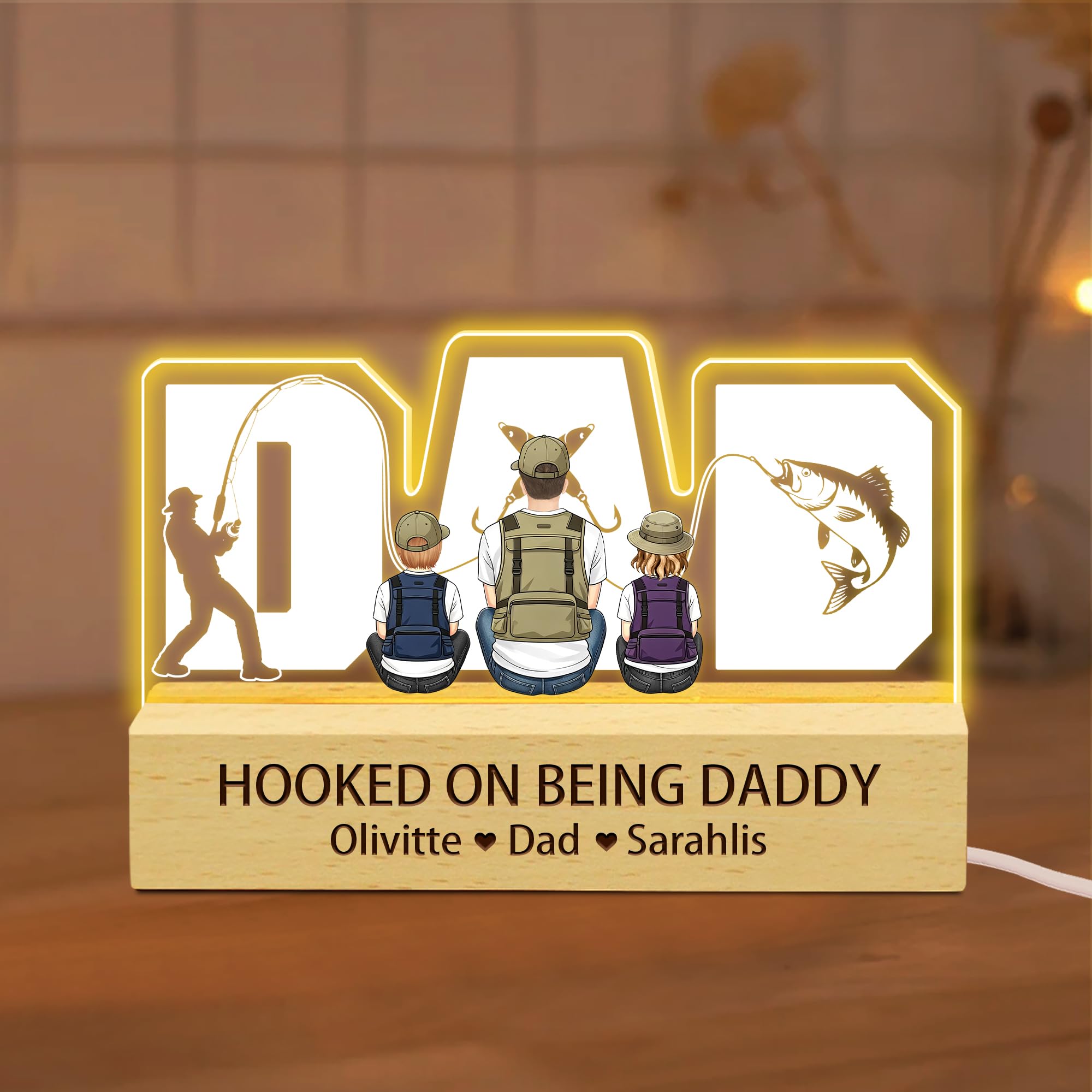 Personalized Hooked on Being Daddy Acrylic Led Night Light, Custom Fishing Dad and Kids Sitting Acrylic Plaque Light with Kids Names, Father's Day Birthday Decor Gifts for Papa Dad Husband (Style 02)