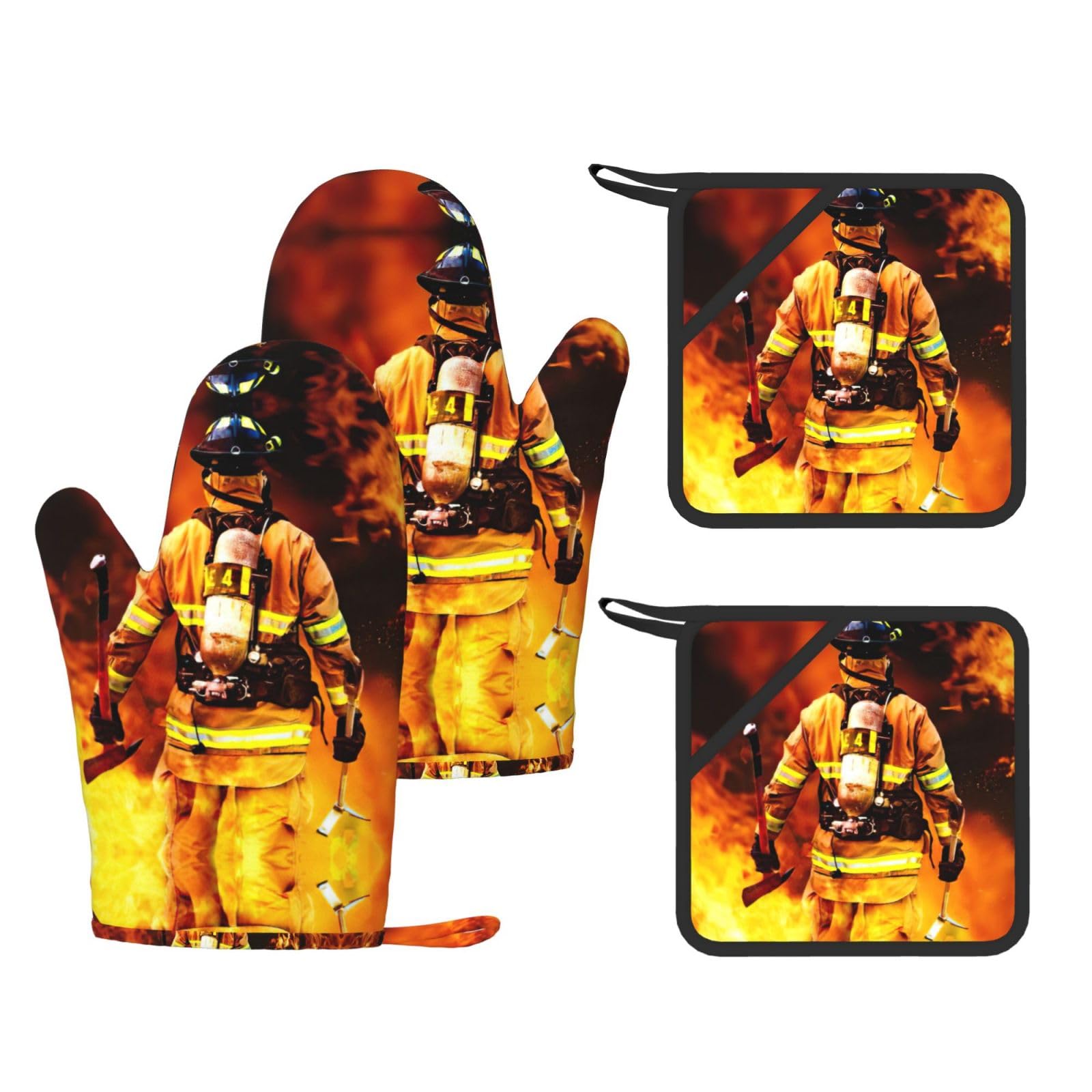 Firefighter Fireman Flame Printed Oven Mitts and Pot Holders Set of 4, Heat Resistant Silicone Gloves for Baking Grilling