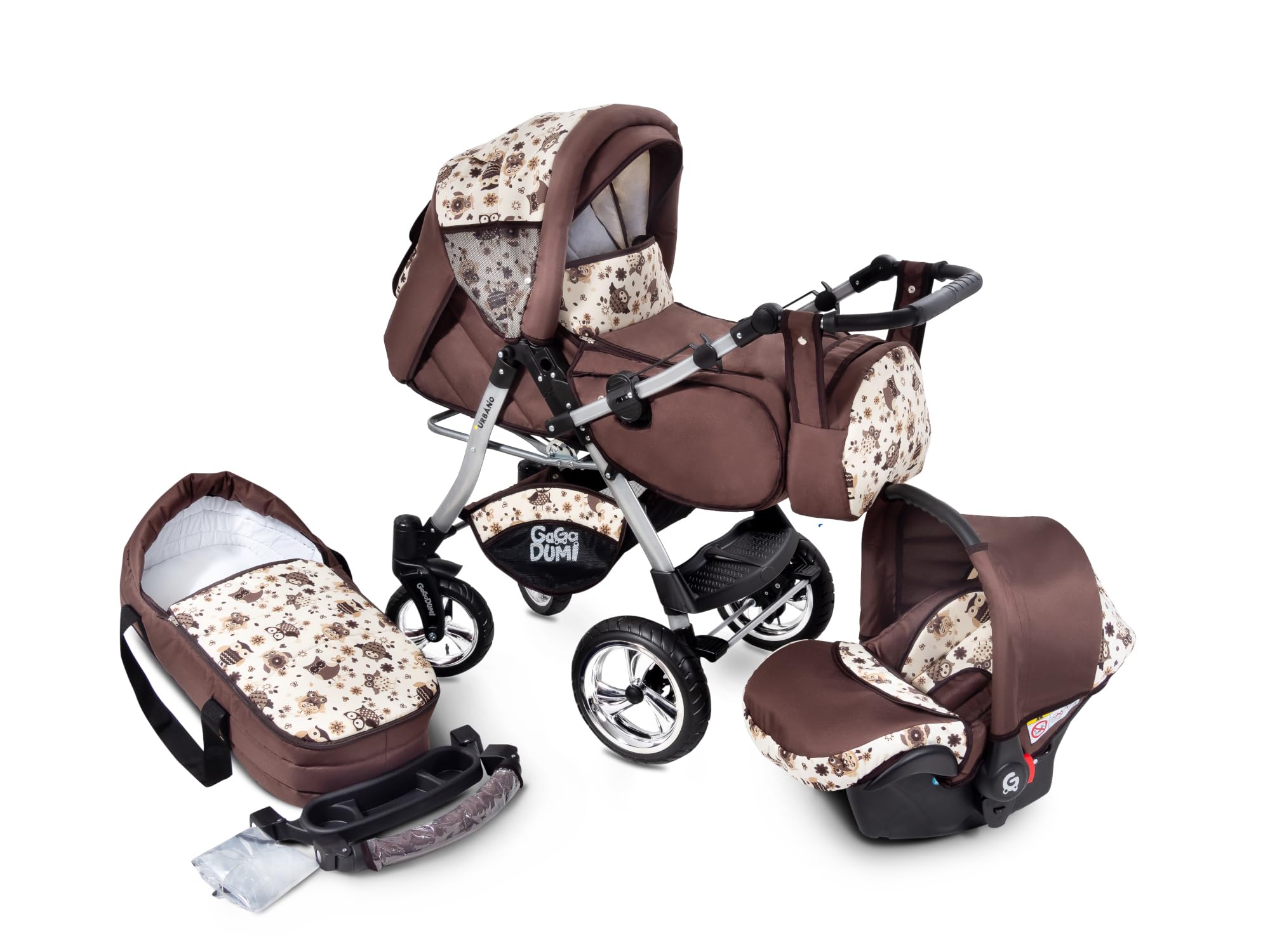 GaGaDumi Urbano Set completo passeggino 3 in 1 con seggiolino auto - Passeggino 3 in 1 TÜV - Set completo passeggino combinato 3 in 1 pneumatici in gomma - gufi marroni
