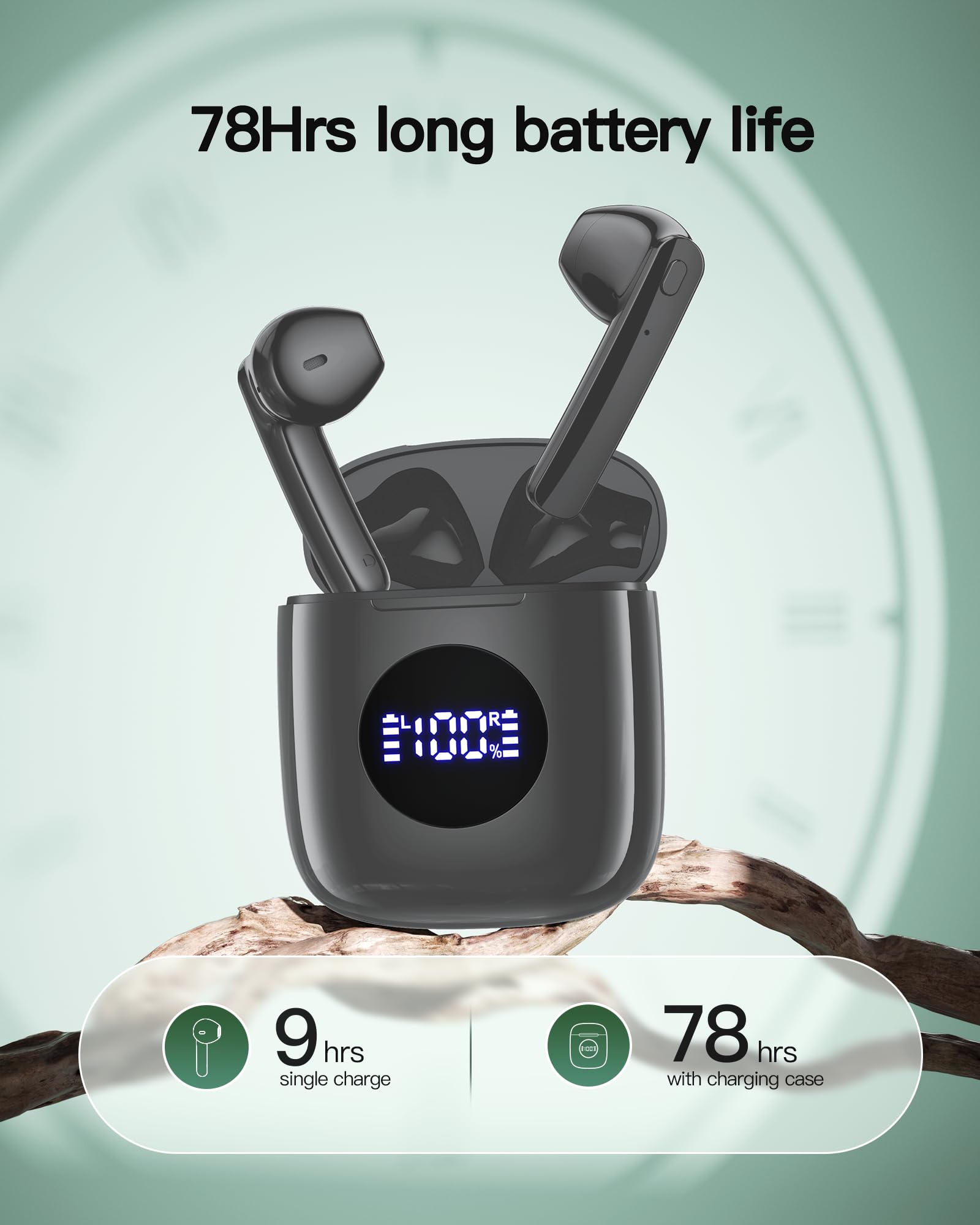 Auriculares inalámbricos Bluetooth 5.3, 60 horas de duración de la batería con funda de carga inalámbrica, pantalla LED, auriculares de graves profundos, impermeables, micrófono, auriculares