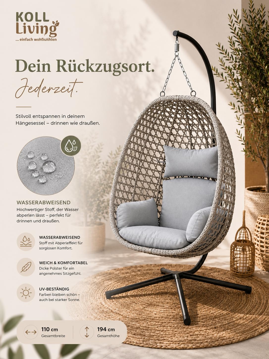 Koll Living Outdoor Hängesessel Luna | Rattanoptik Beige/Grau | Wetterfester Gartensessel mit Stahlgestell & Komfortkissen | UV-beständig & wasserabweisend | 95 x 103 x 197 cm