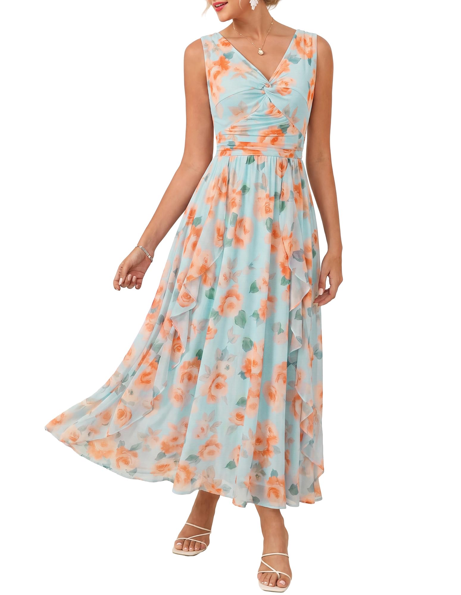 GRACE KARIN Vestido de verano para mujer, informal, cuello en V, sin mangas, flores con volantes, invitados de boda, línea A, vestido largo envolvente