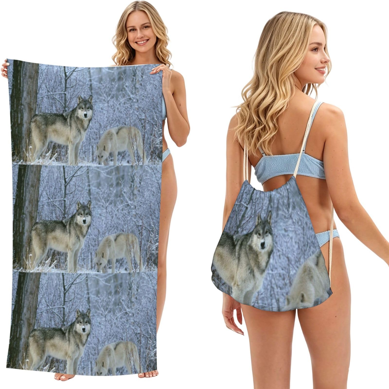 Poadnly As Picture Wild Animals Wolf Printed, 2 In 1 Packable Towel Bag, Beach Towels With Drawstring Backpack For Travel Holiday Camping