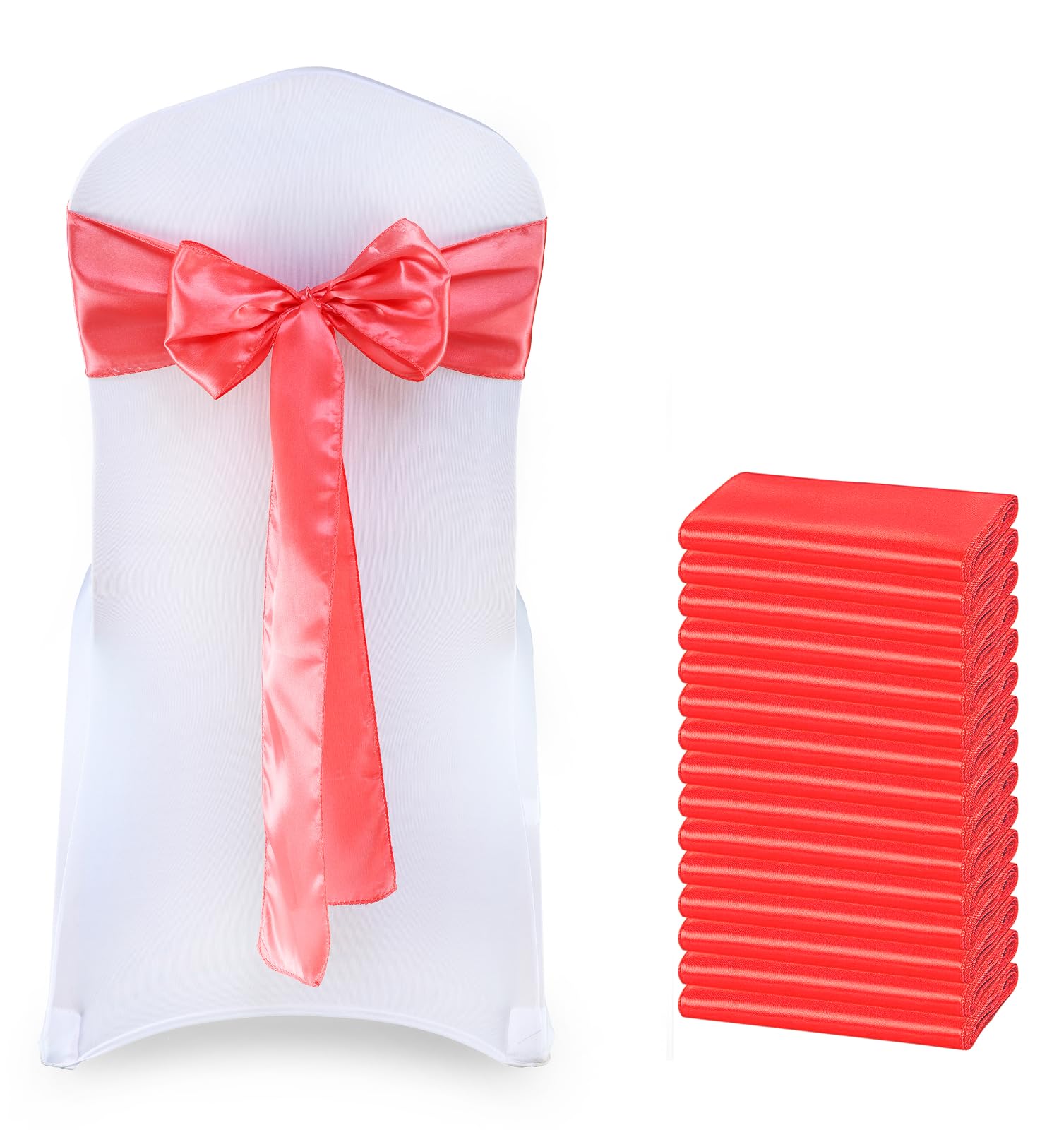 VDS Satin Chair Sashes Chair Cover Back Tie Sateen Bows Ribbon for Wedding Birthday Graduation Engagement Ceremony Event Party Banquet Venue Hotel All Dining Chair Decoration (200PC) (Coral) — image 1