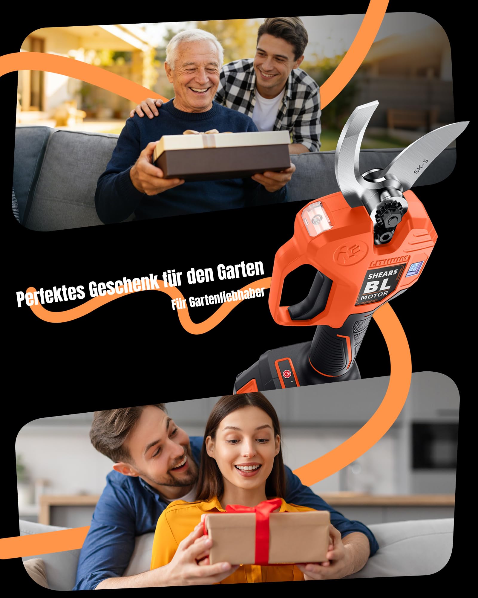 Akku Astschere 40mm mit 2 Akkus, Elektrische Gartenschere mit 600W bürstenlosem Motor, SK5 Klinge, LED, Längere Laufzeit für unterbrechungsfreies Arbeiten[Two Batteries]
