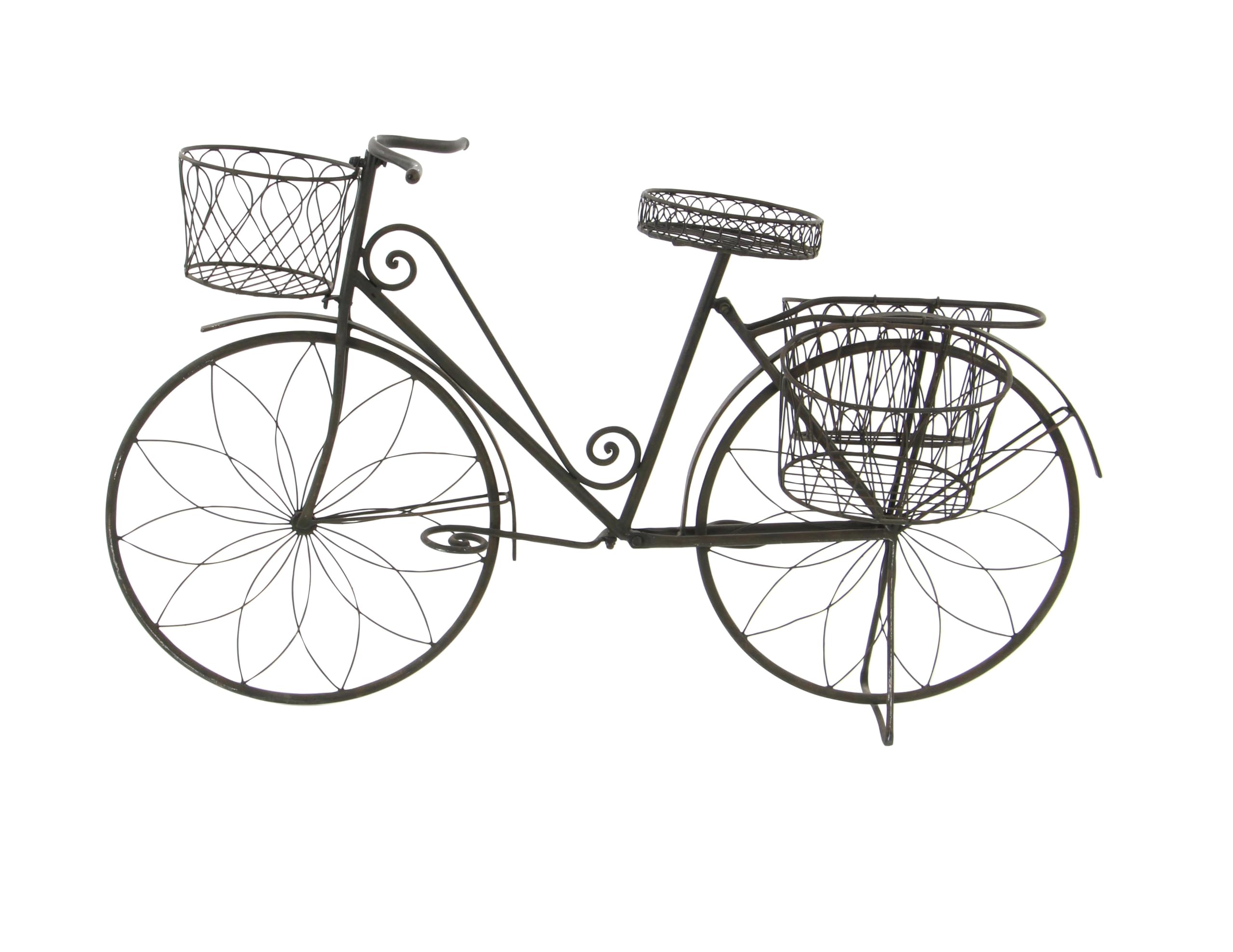 Deco 79 Metal Bike Indoor Outdoor Plantstand Indoor Outdoor Wire Floral Scrolled Plant Shelf with Basket and Saddle Bag Planters, Plant Stand 56" x 21" x 31", Brown