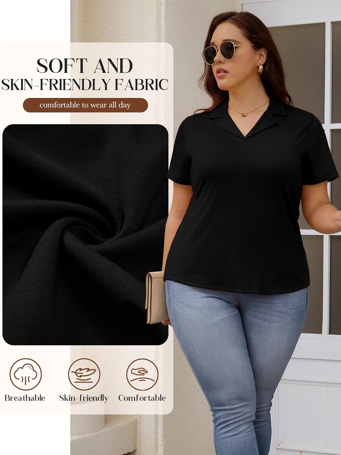 Plus Size Polo Shirts Women Summer Short Sleeve Collared V Neck Business Tops Casual Soft Shirts XL-4XL - Image 5