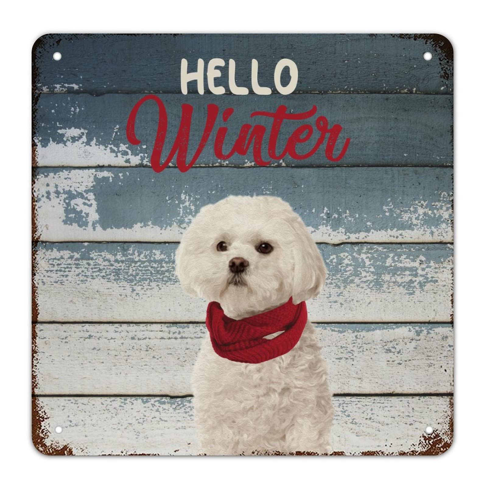 Plaque vintage en métal Hello Winter format carré rétro rustique - 5