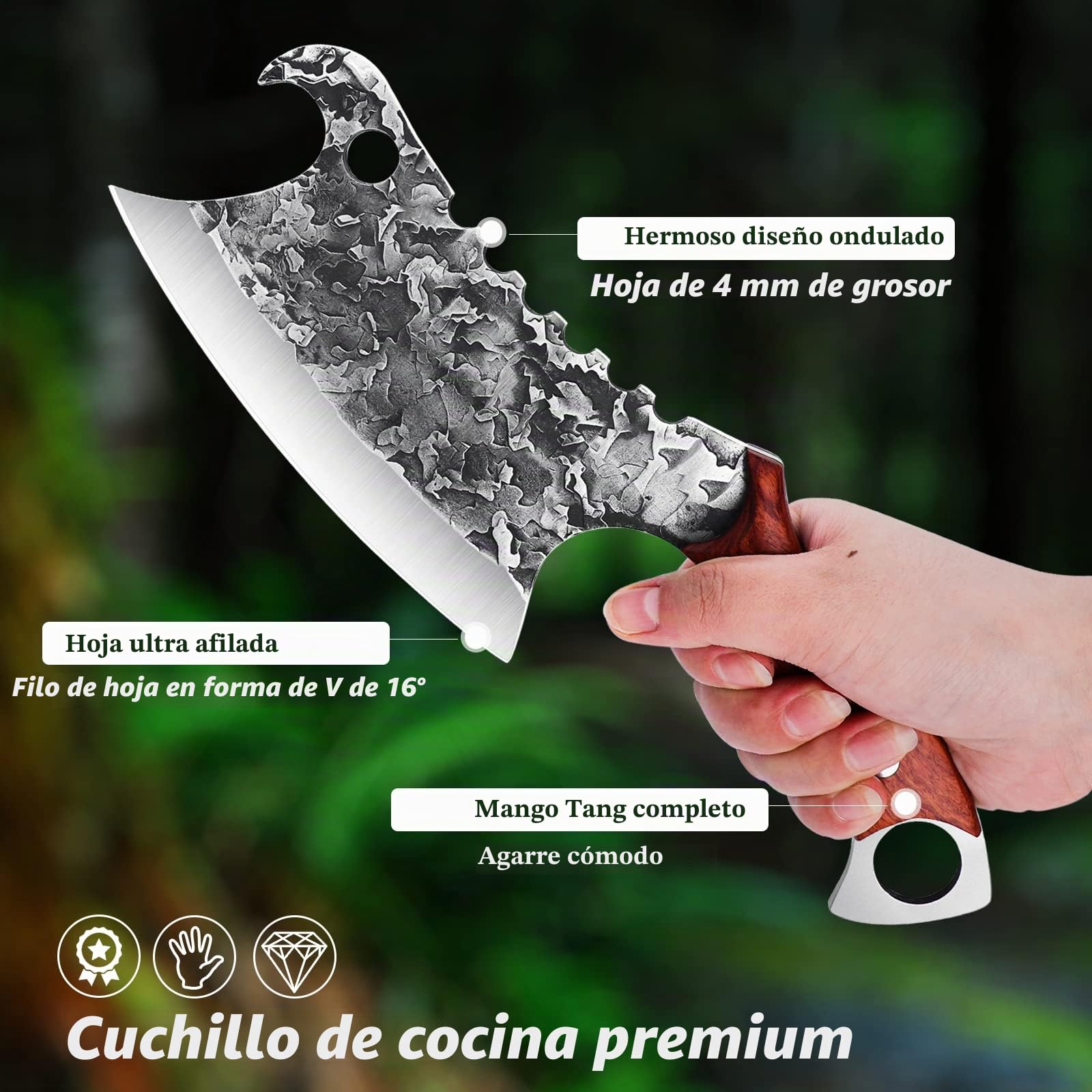 DRAGON RIOT Cuchillo Carne Chino Forjado a Mano con Funda de Cuero