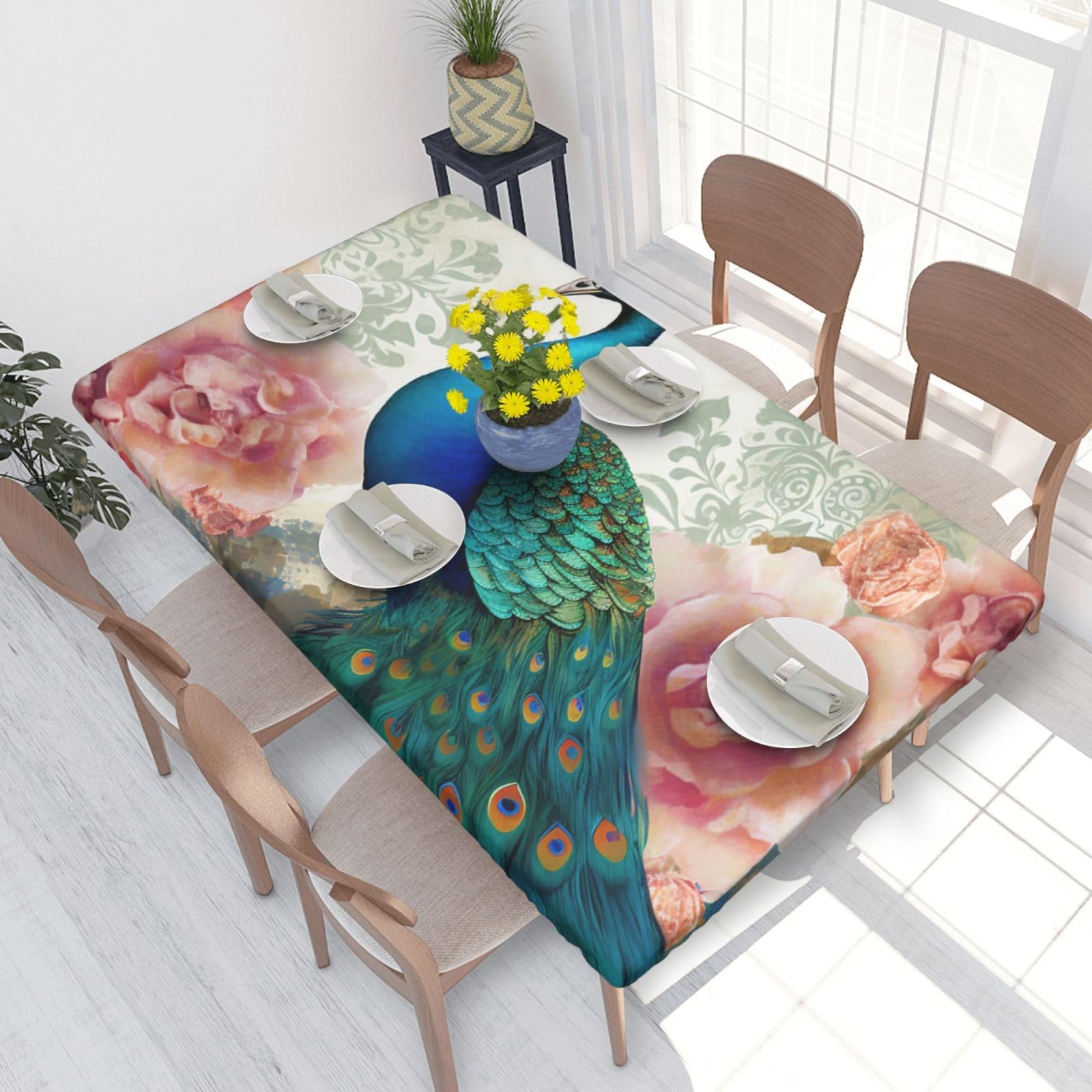 DCARSETCV Beautiful Peacock and Floral Printed 4FT Waterproof Tablecloth with Elastic Edged Protect & Decor Your Table, Oil-proof Washable Table Cloth Cover for Dinner Picnic Party