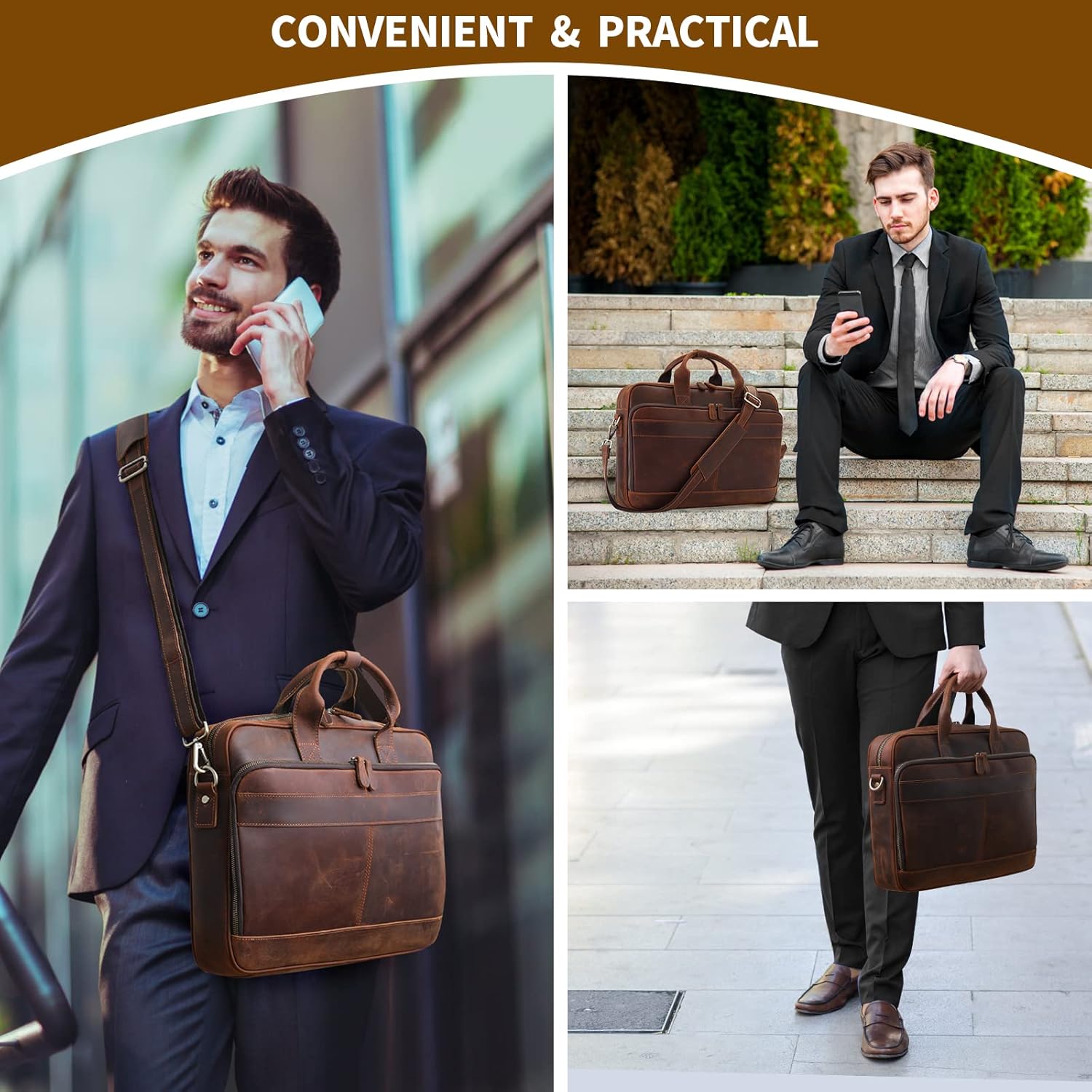 Jack&Chris Full Grain Leather Briefcase for Men, Business Messenger Bag Laptop Bag Attache Case, Fits 15.6 Inch Laptop - Image 2